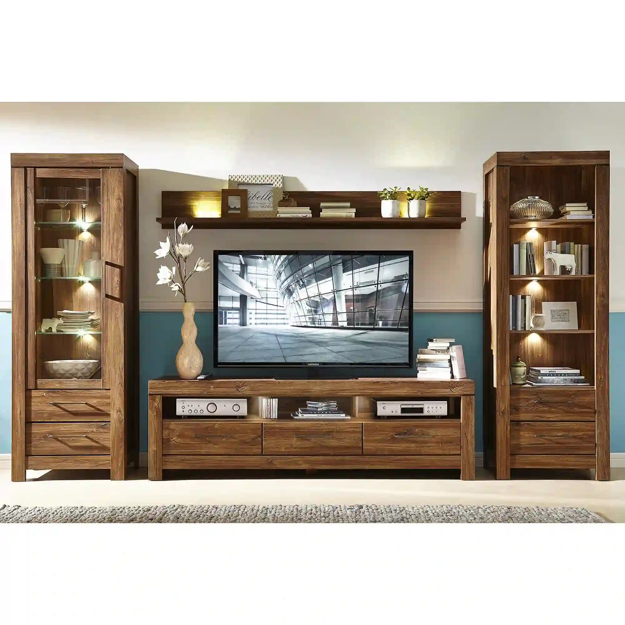 Vitrina GENT, stejar stirling, PAL laminat, cu iluminare LED, 68x42x201 cm