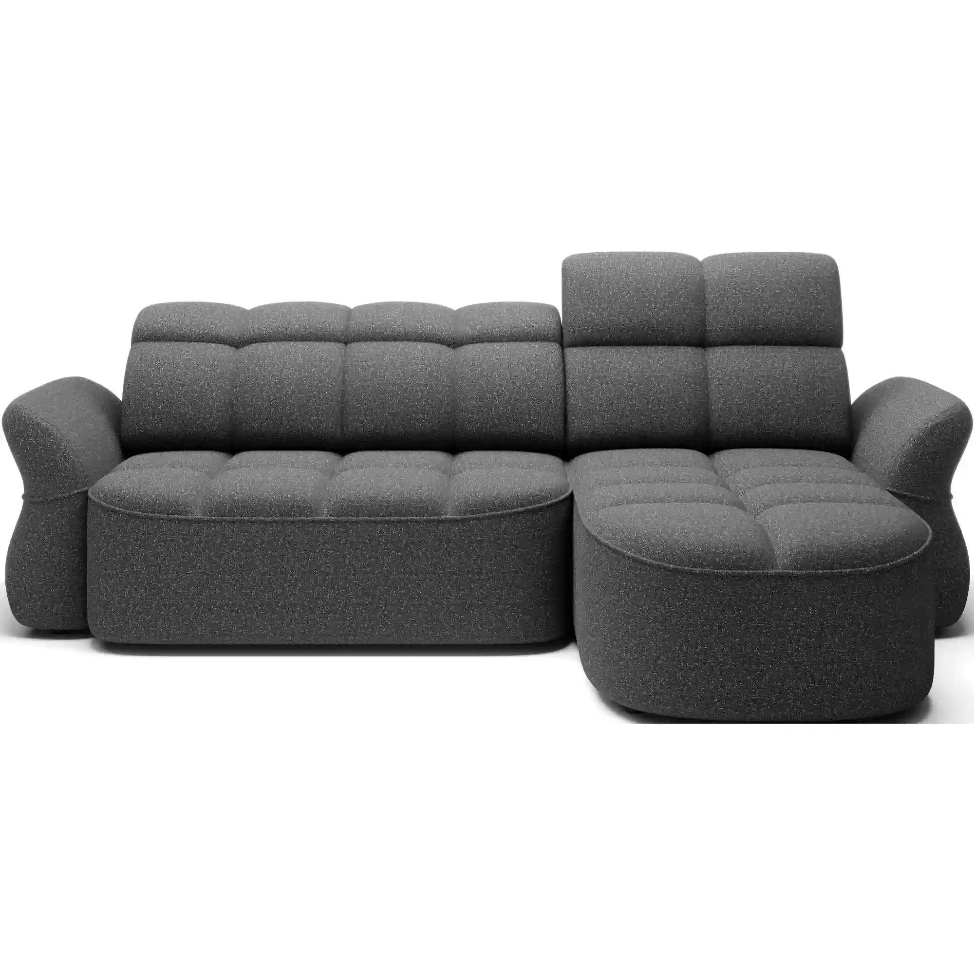 Coltar BENETH, sezlong dreapta, stofa clasica gri - Breona 04, cu reglaj electric, tetiere reglabile si lada depozitare, 301x185x115 cm