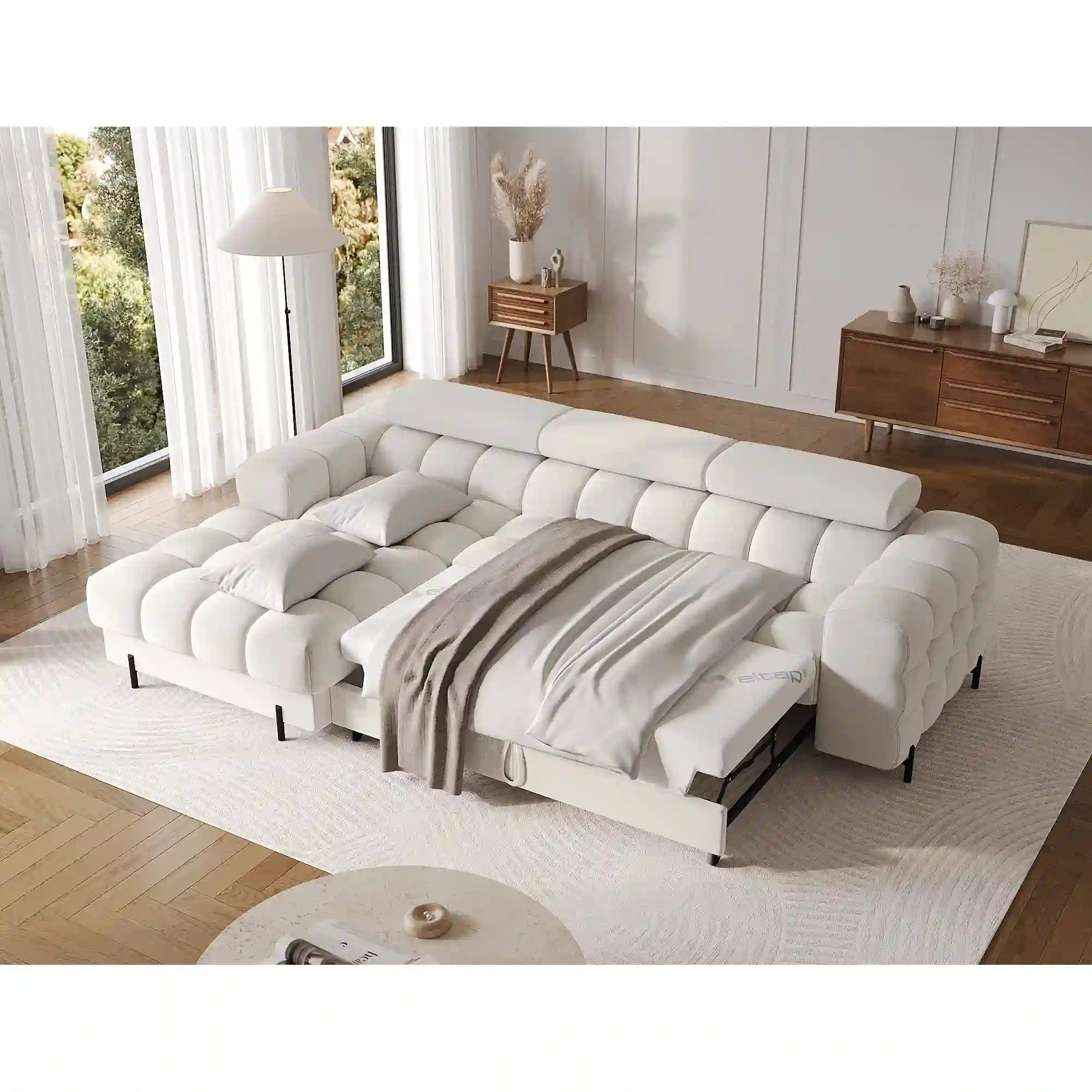 Coltar extensibil FELRO, sezlong stanga, stofa clasica alb - Royal 01, cu lada de depozitare si tetiere reglabile, 285x181x93 cm