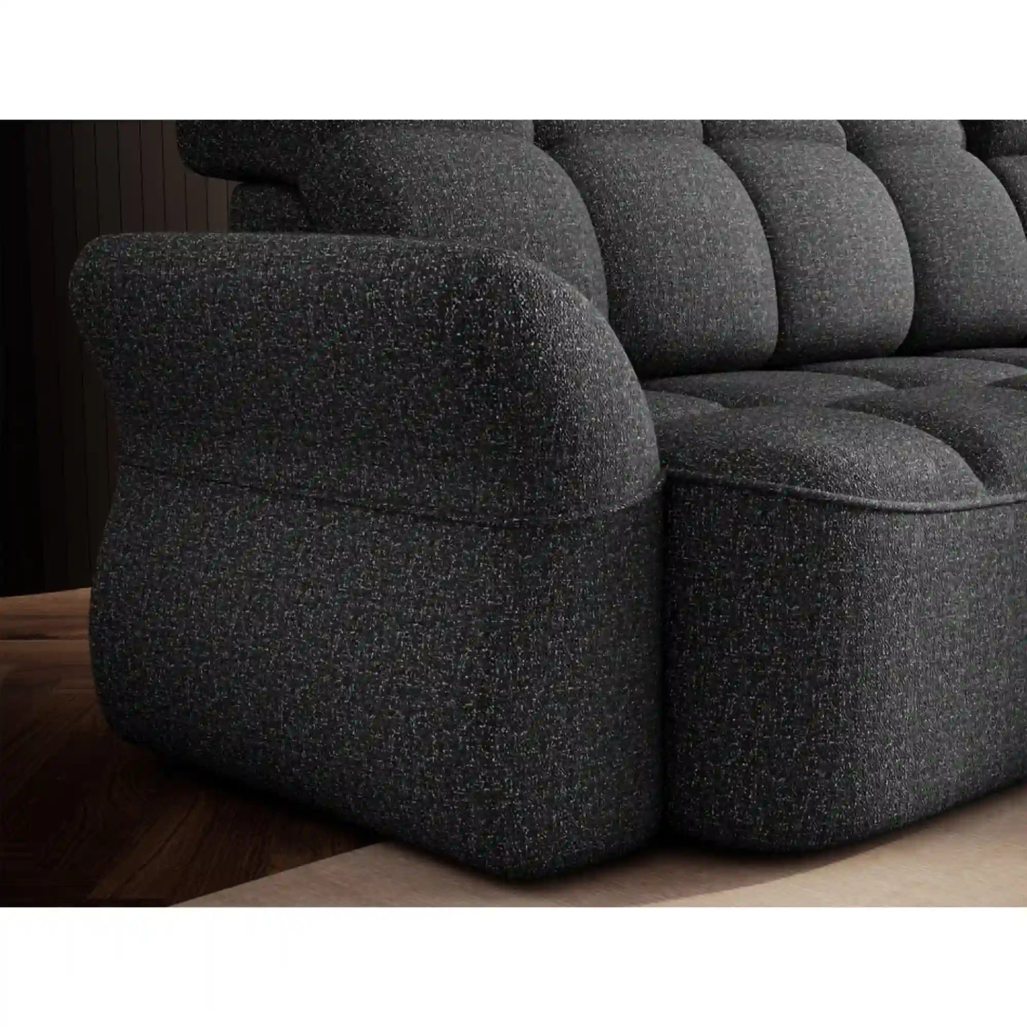 Coltar BENETH, sezlong dreapta, stofa clasica gri - Breona 04, cu reglaj electric, tetiere reglabile si lada depozitare, 301x185x115 cm