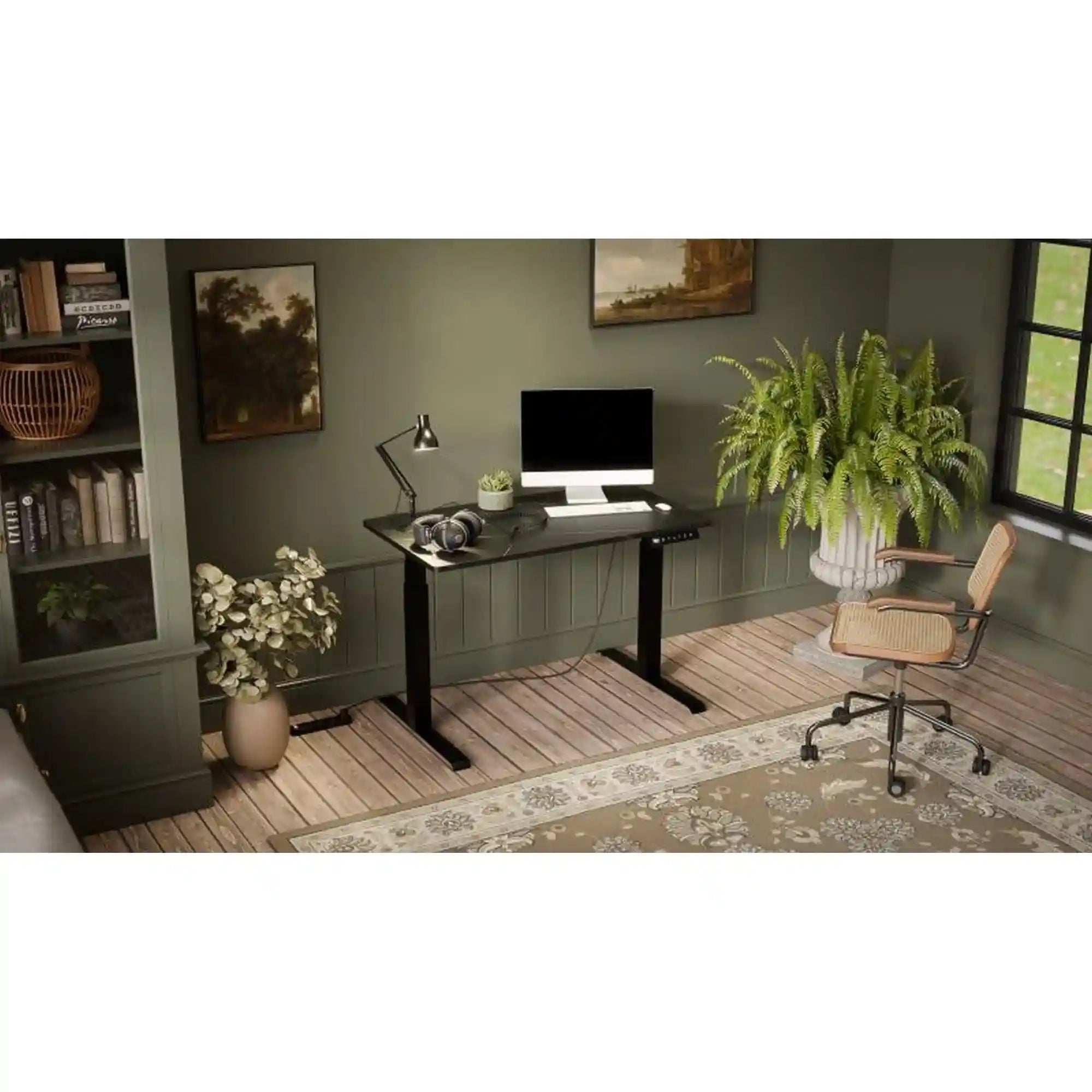 Masa birou MOON, negru cu imprimeu marmura, inaltime reglabila, 121x67x72-120 cm