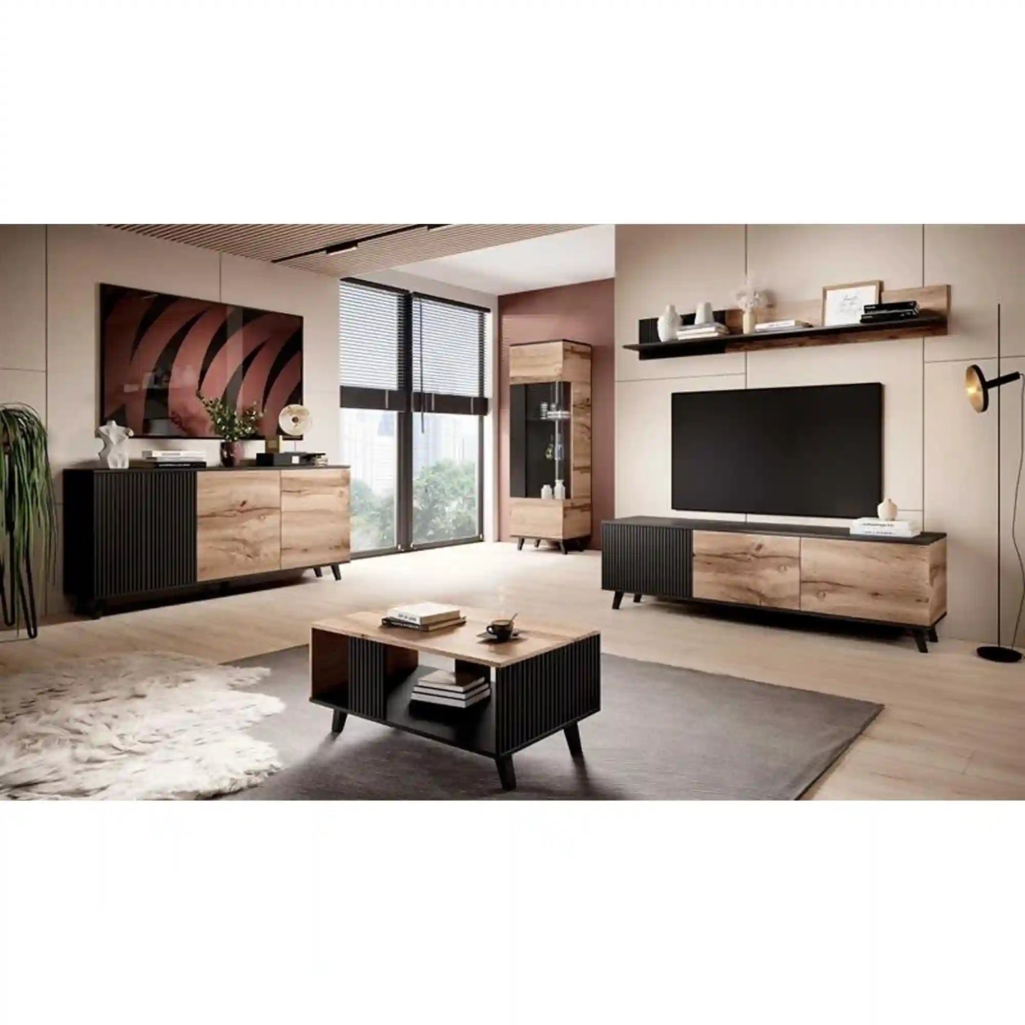 Comoda TV RANDOM, stejar wotan/negru, PAL furniruit, 180x40x52 cm