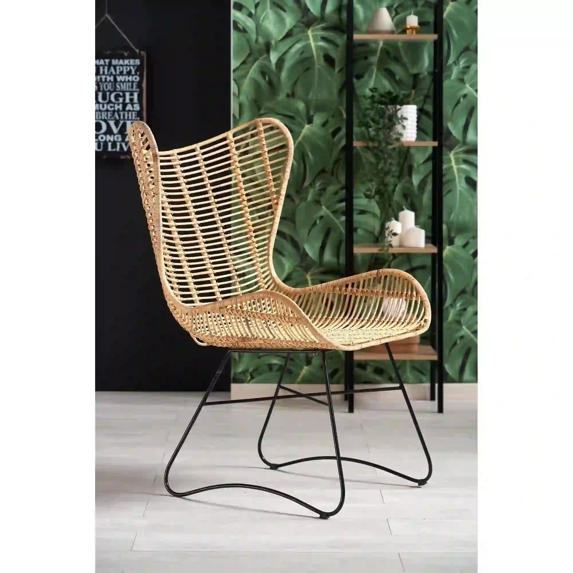 Scaun living Indiana, stejar/negru, ratan natural/metal, 69X70X103 CM