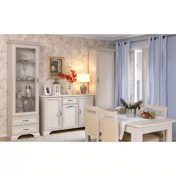Set living alb vintage Tiffany (Tiffy) 3, format dintr-o vitrina, comoda si dulap