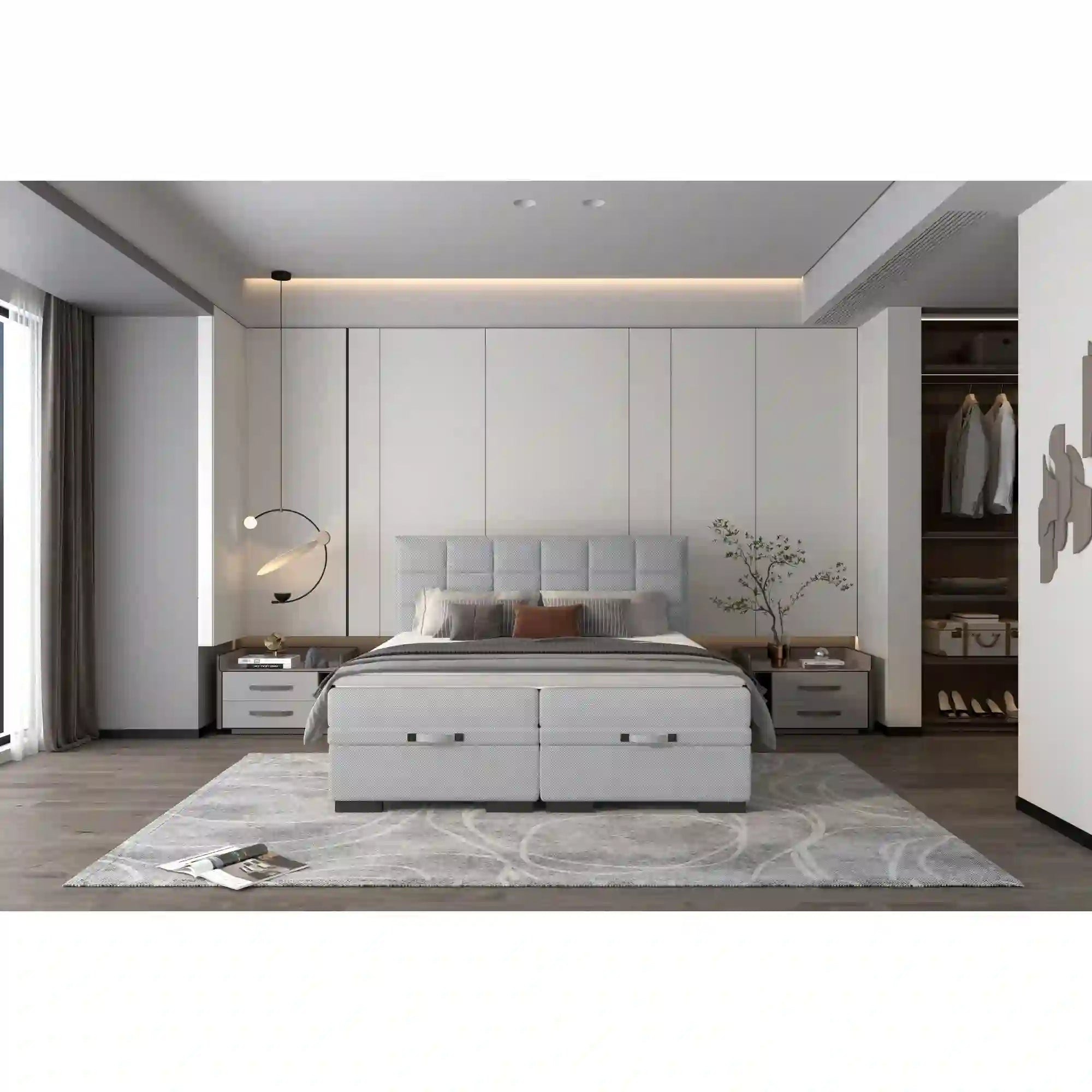 Pat boxspring SEMENO 140x200, personalizabil materiale Gama Premium, cu saltele, spatiu depozitare si topper