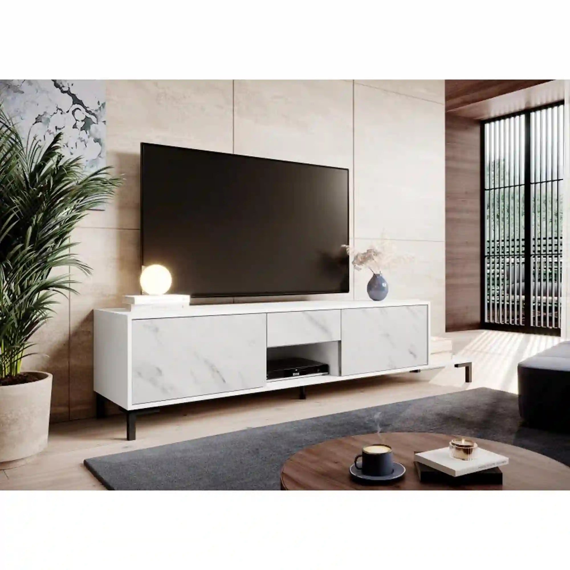 Comoda TV MARMO, alb, alb cu efect de marmura, PAL laminat, 195x40x48 cm