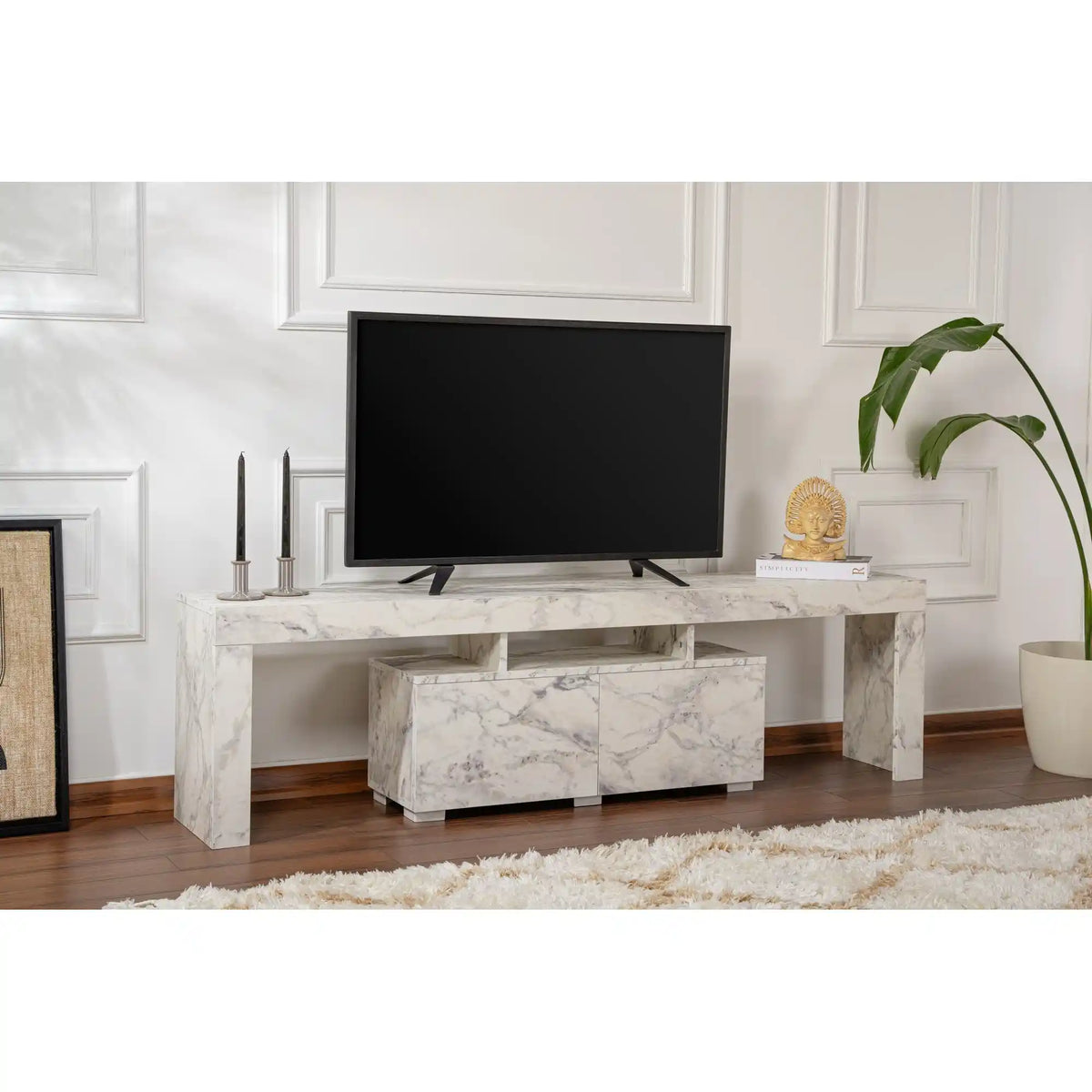Comoda TV ENCLAVE, alb cu efect de marmura, PAL, 180x32x50 cm