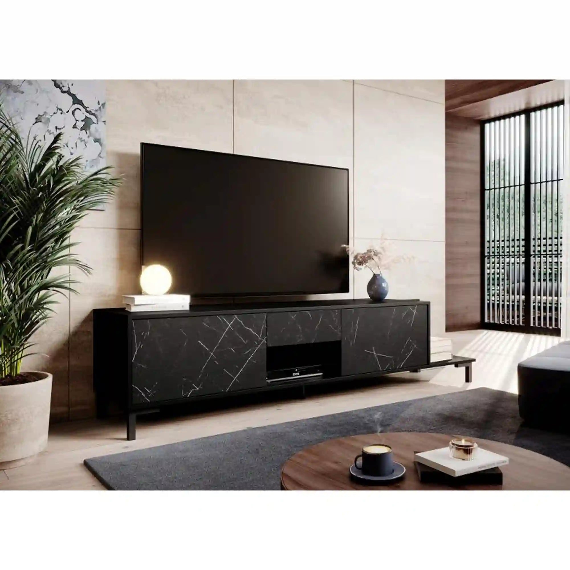 Comoda TV MARMO, negru mat/negru cu efect de marmura, PAL laminat, 195x40x48 cm