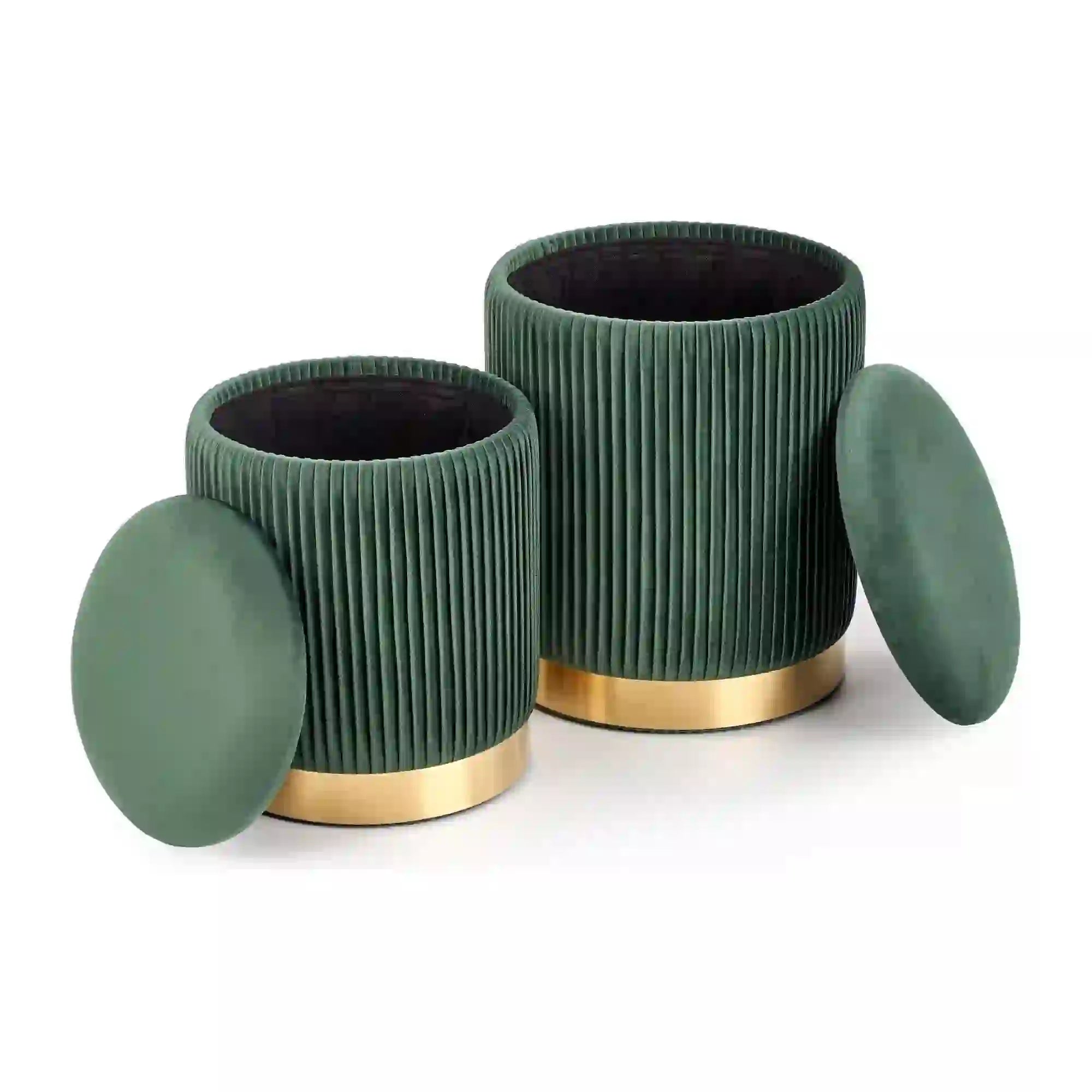 Set 2 tabureti MONTY, stofa catifelata, verde inchis, cu spatiu depozitare
