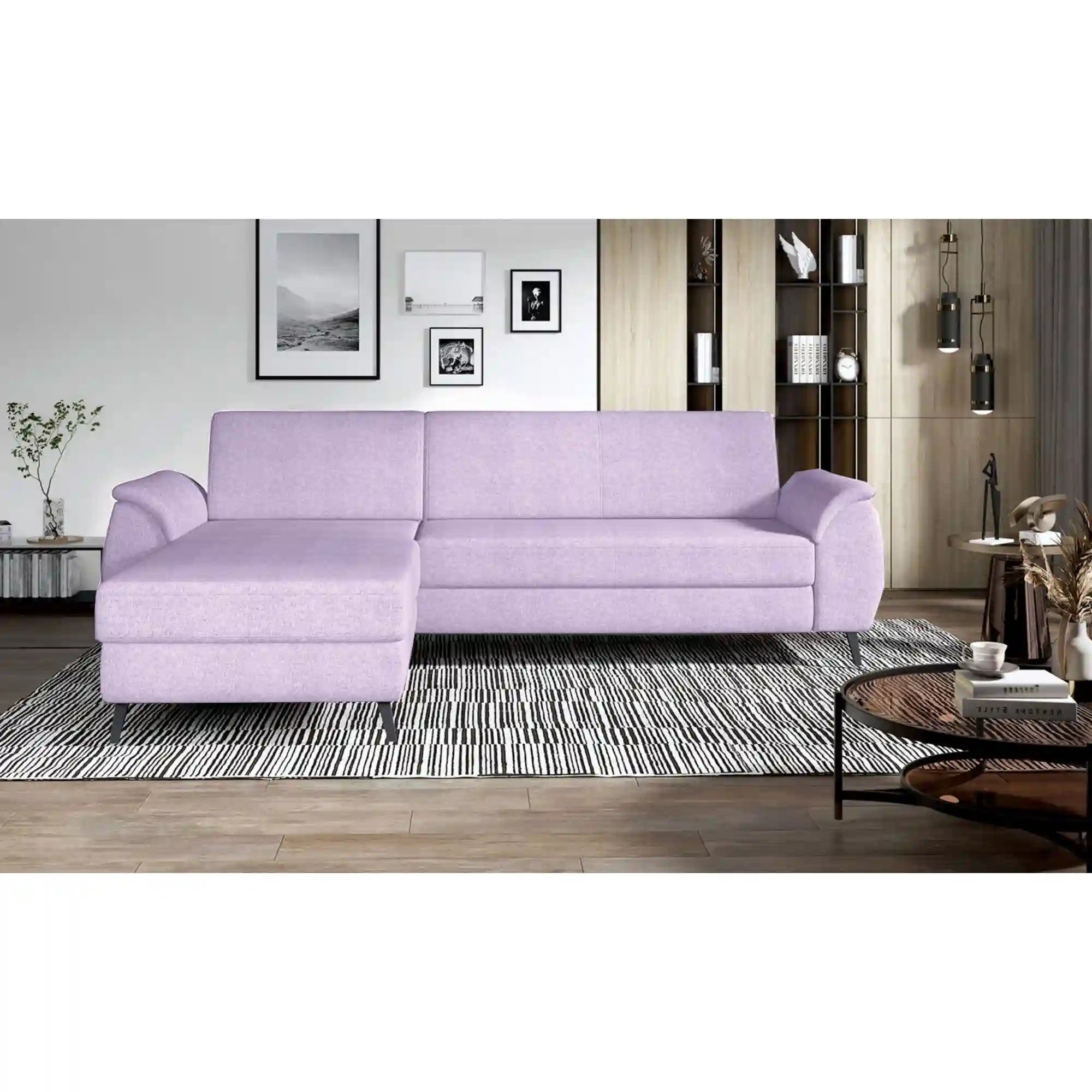Coltar extensibil MUNDO MINI, sezlong stanga, stofa catifelata mov lila - Monolith 62, cu lada depozitare, 268x162x81 cm