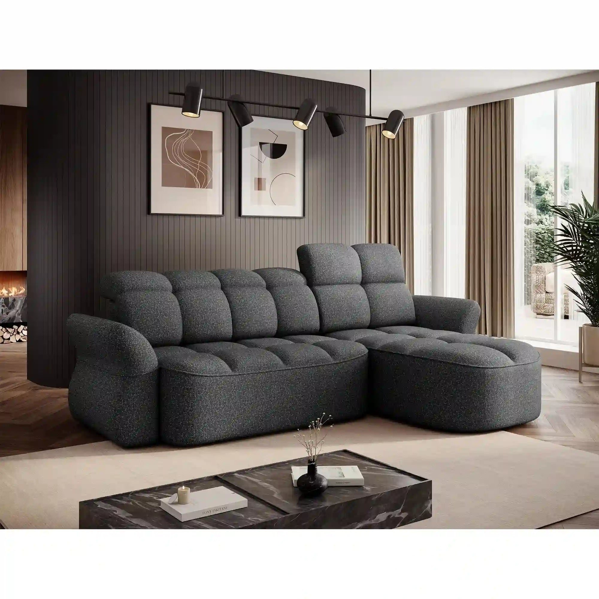 Coltar BENETH, sezlong dreapta, stofa clasica gri - Breona 04, cu reglaj electric, tetiere reglabile si lada depozitare, 301x185x115 cm