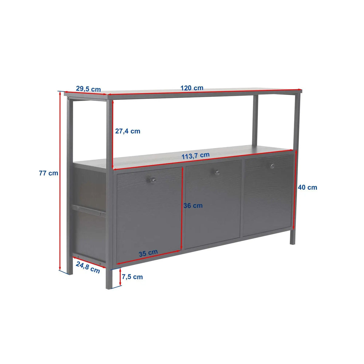 Comoda SOLACE, pin atlantic/negru, PAL/metal, 120x30x77 cm