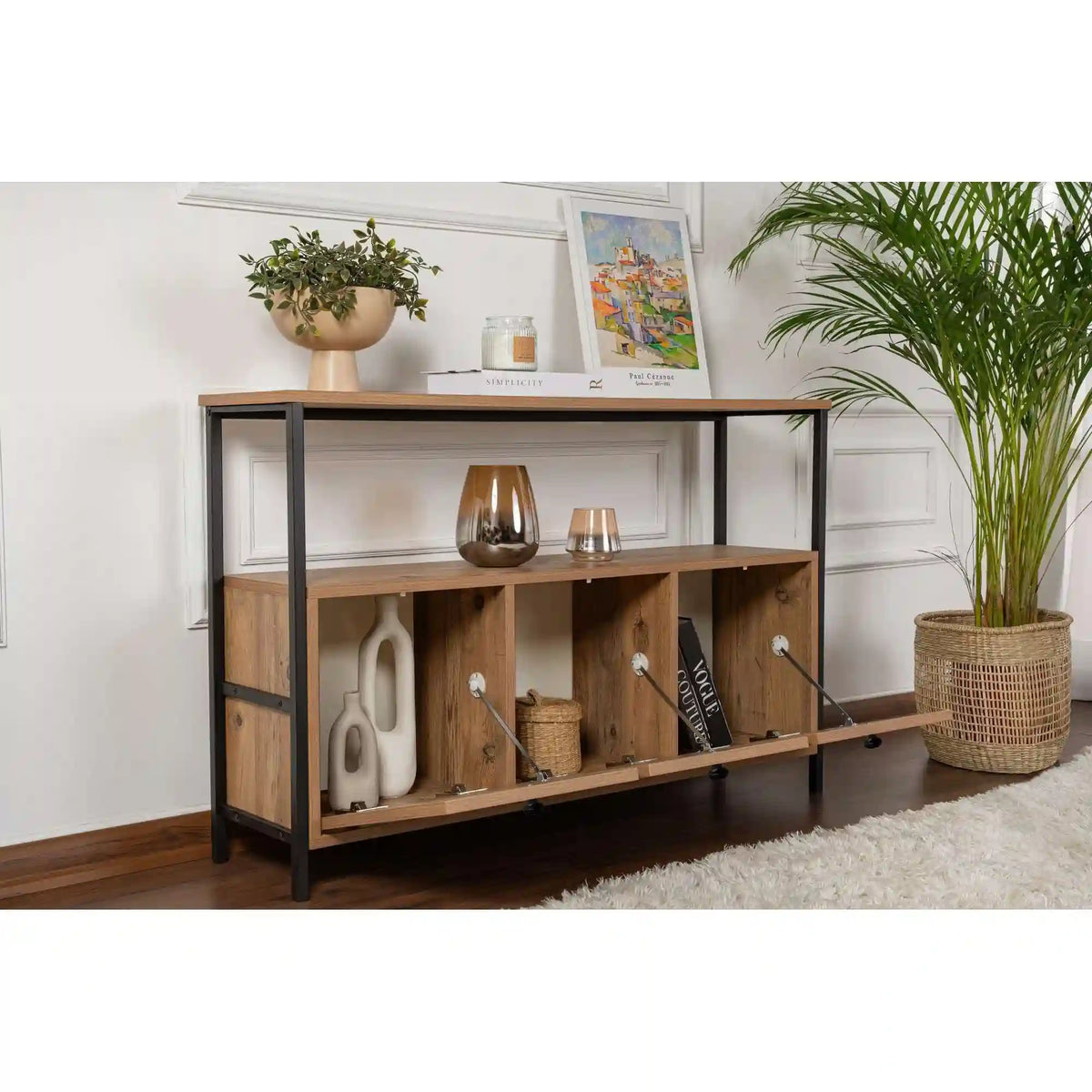Comoda SOLACE, pin atlantic/negru, PAL/metal, 120x30x77 cm