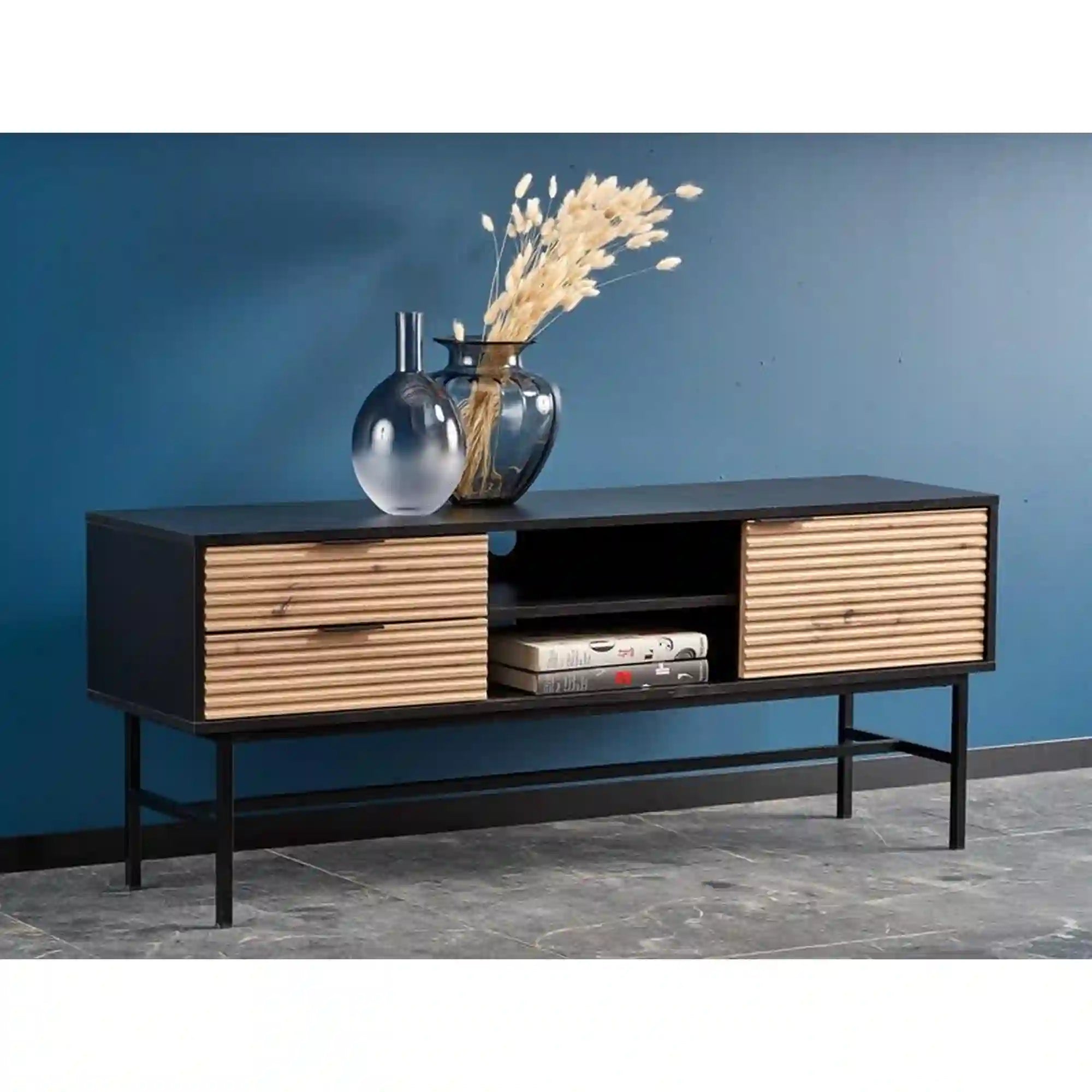 Comoda TV MURANO, stejar artisan/negru, PAL/metal, 150x40x61 cm