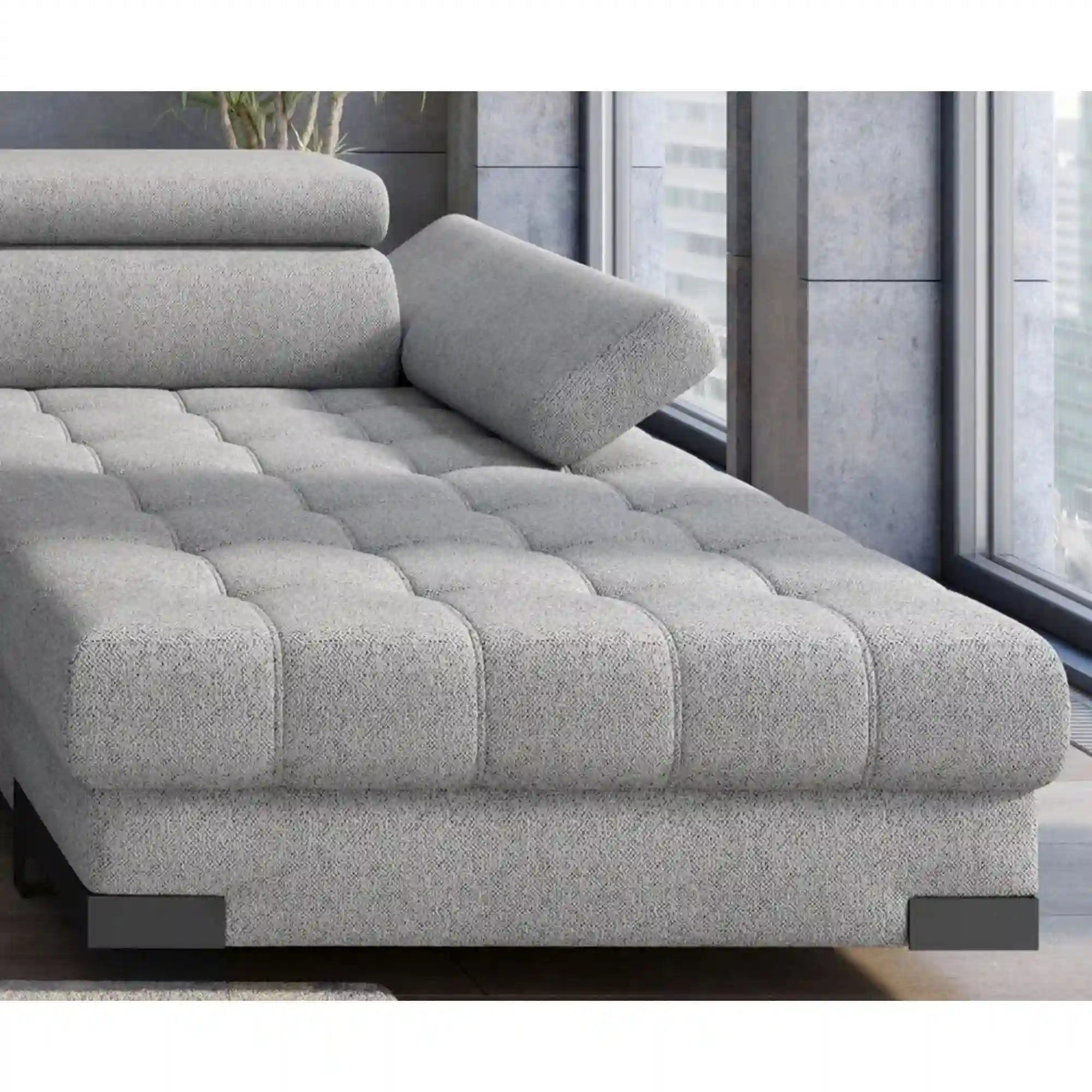 Coltar extensibil SELVA XL, sezlong stanga, stofa catifelata gri - Riviera 91, Gama Premium, cu lada depozitare si tetiere reglabile, 339x223x95 cm
