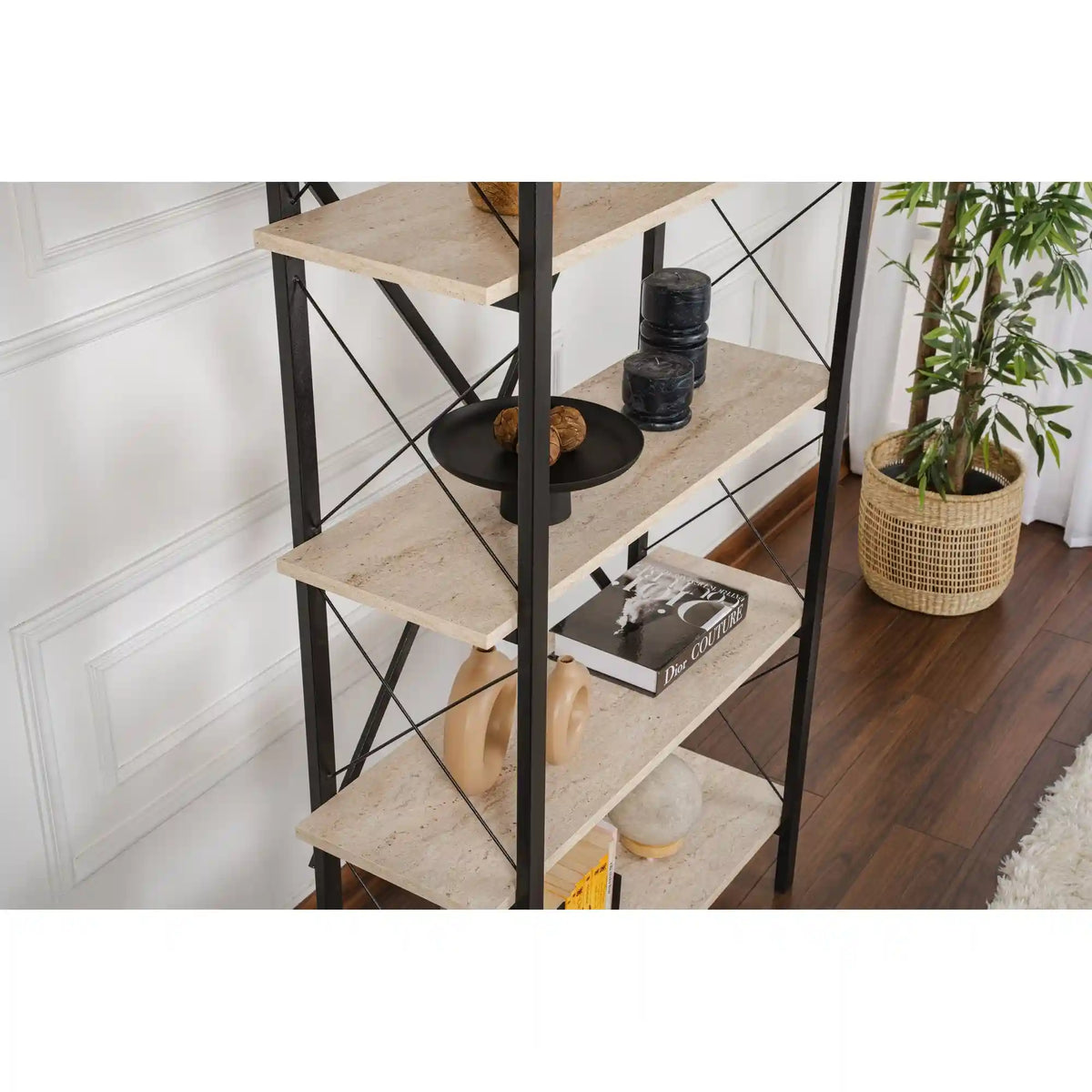 Etajera ELYSIAN, bej cu efect de piatra travertin/negru, PAL/metal, 90x34x180 cm