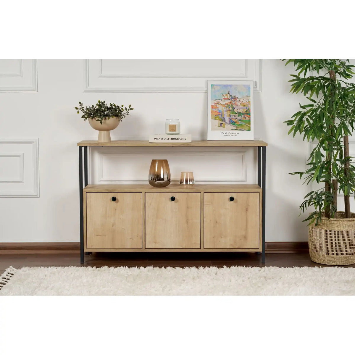 Comoda SOLACE, stejar/negru, PAL/metal, 120x30x77 cm