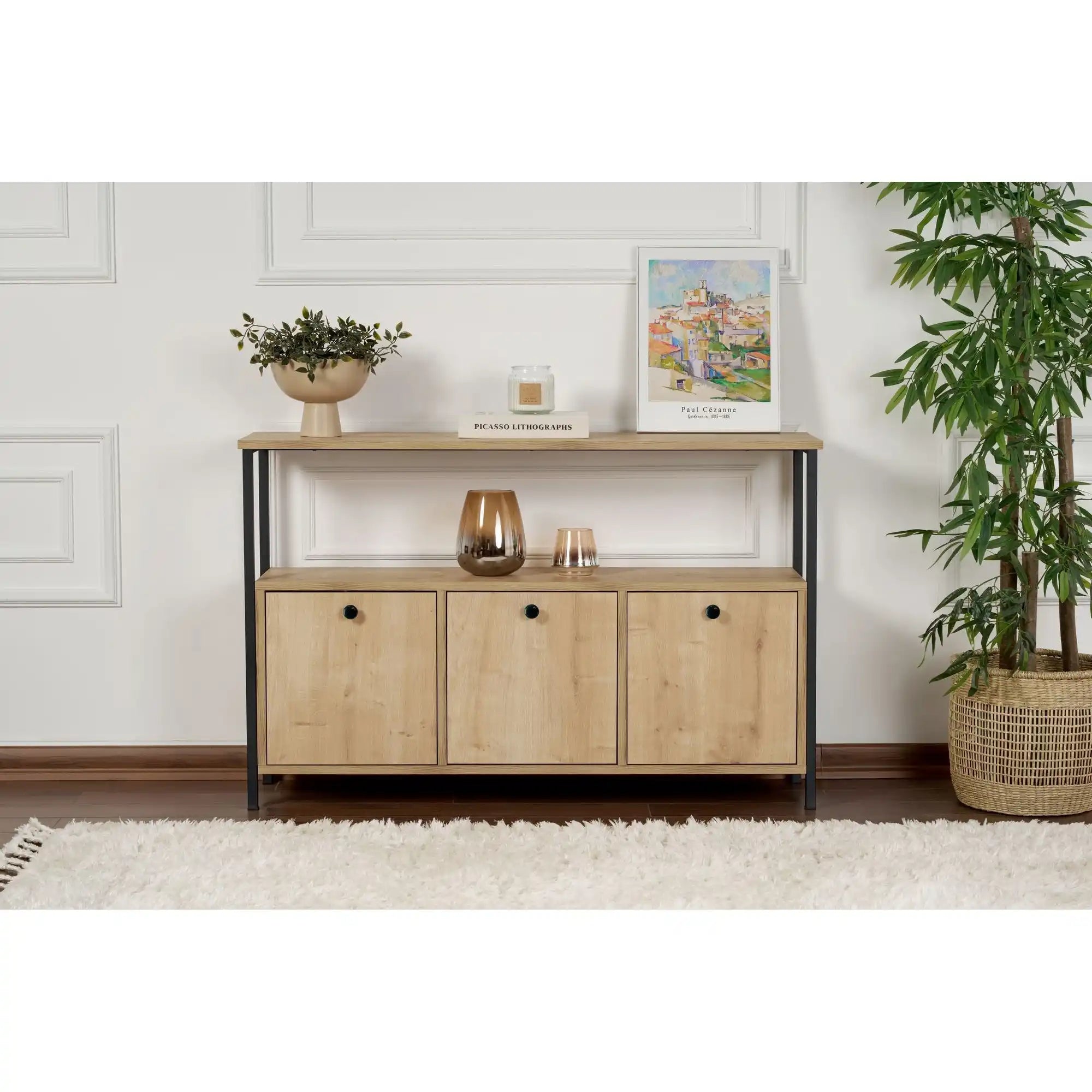 Comoda SOLACE, stejar/negru, PAL/metal, 120x30x77 cm