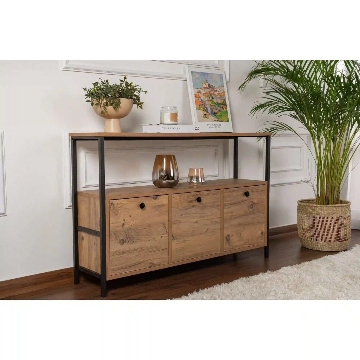 Comoda SOLACE, pin atlantic/negru, PAL/metal, 120x30x77 cm
