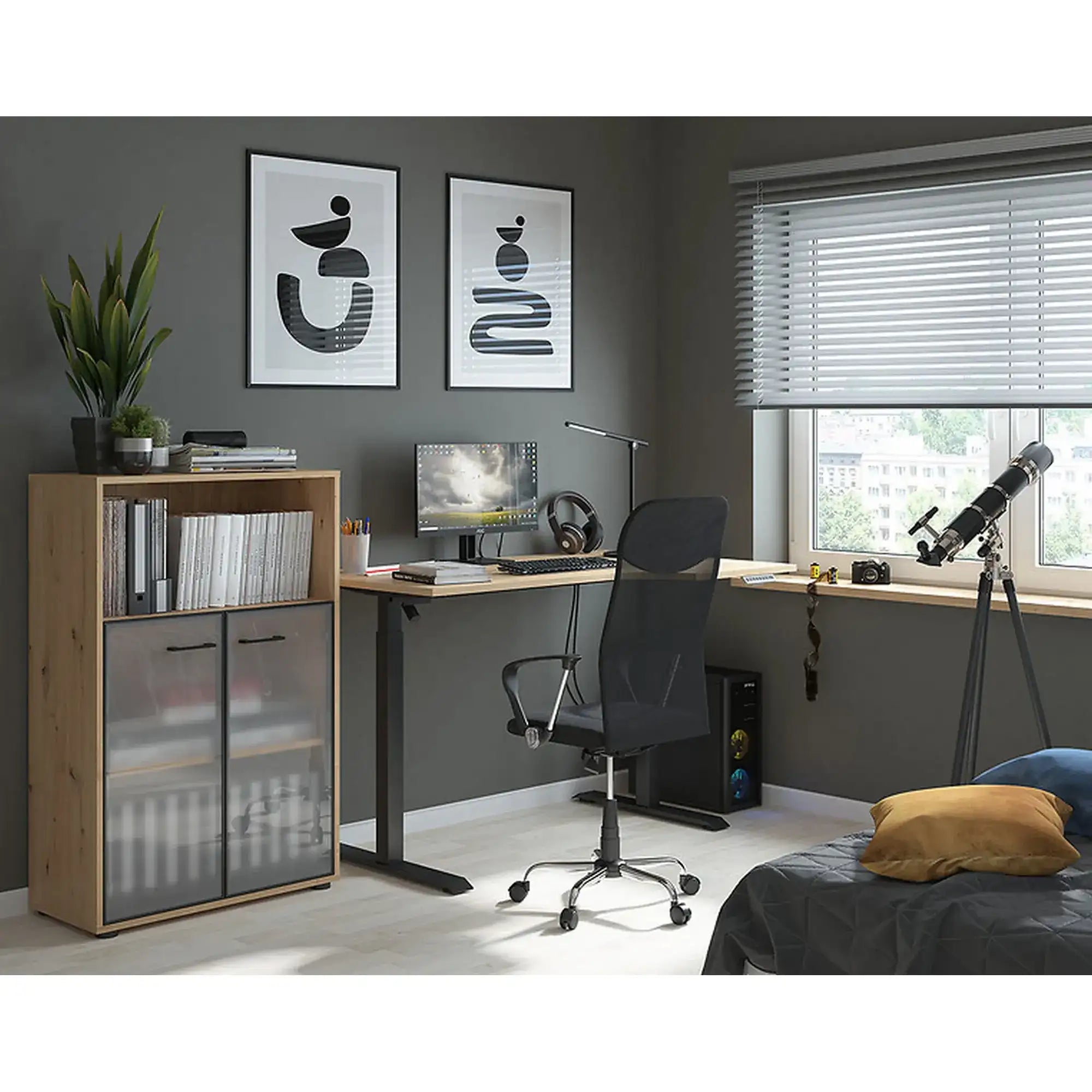 Vitrina SPACE OFFICE, stejar artisan/negru fumuriu, PAL laminat/sticla, cu 2 usi, 80x38x122 cm