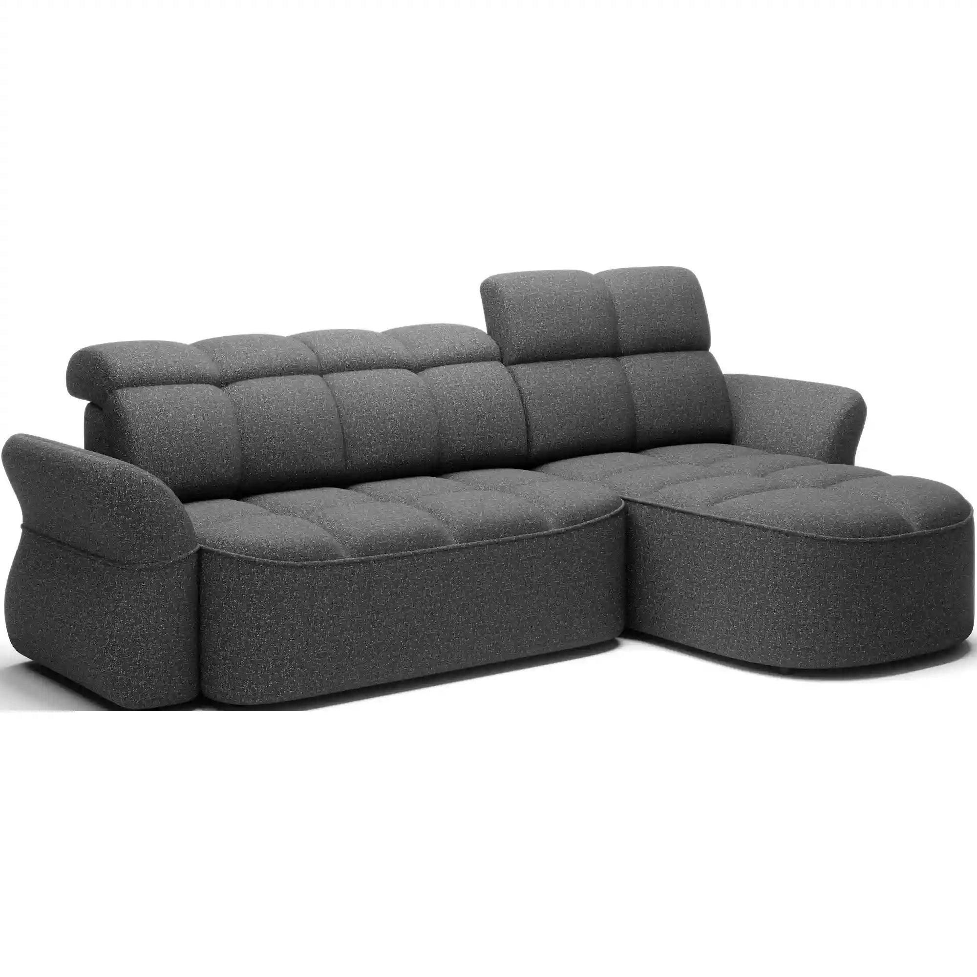 Coltar BENETH, sezlong dreapta, stofa clasica gri - Breona 04, cu reglaj electric, tetiere reglabile si lada depozitare, 301x185x115 cm