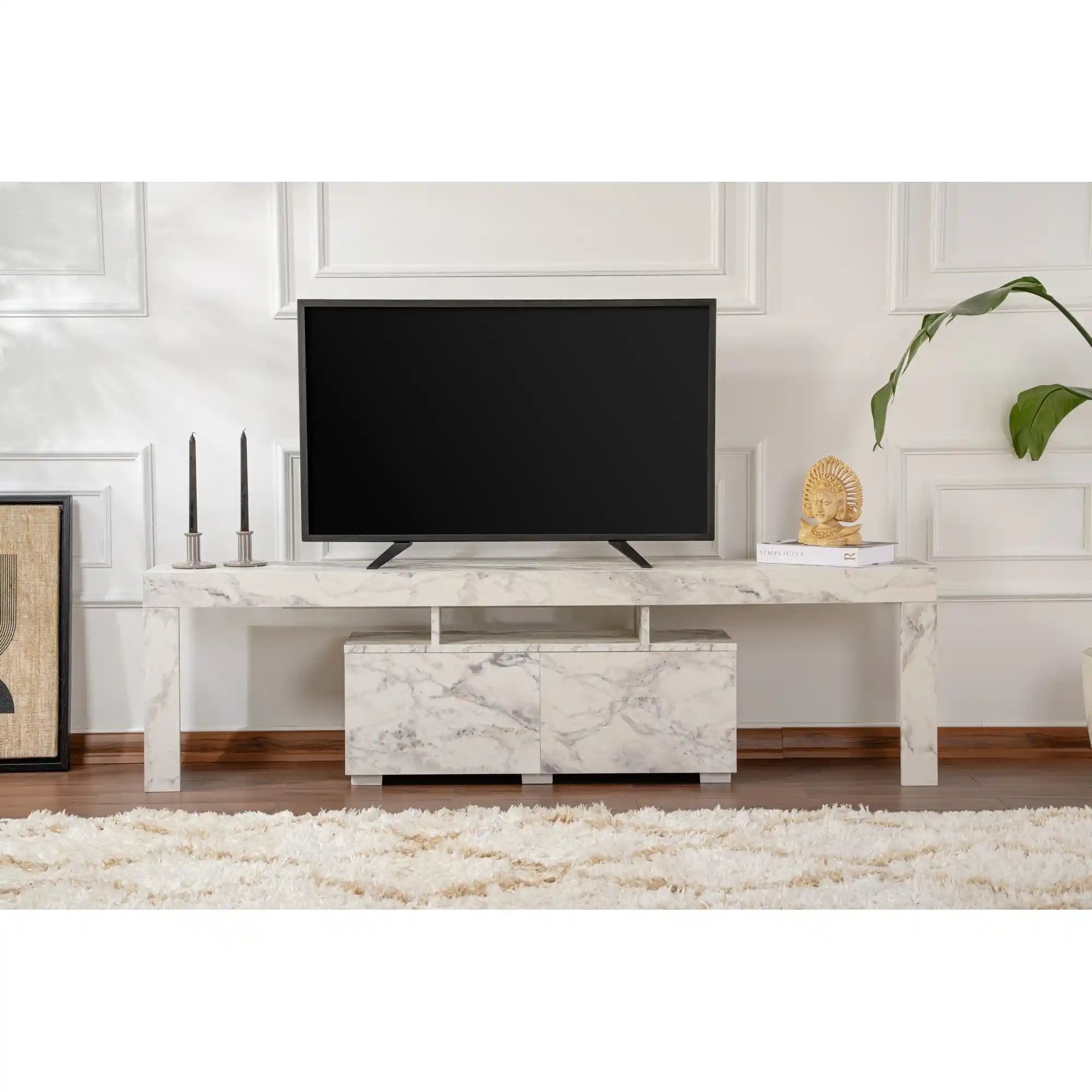 Comoda TV ENCLAVE, alb cu efect de marmura, PAL, 180x32x50 cm