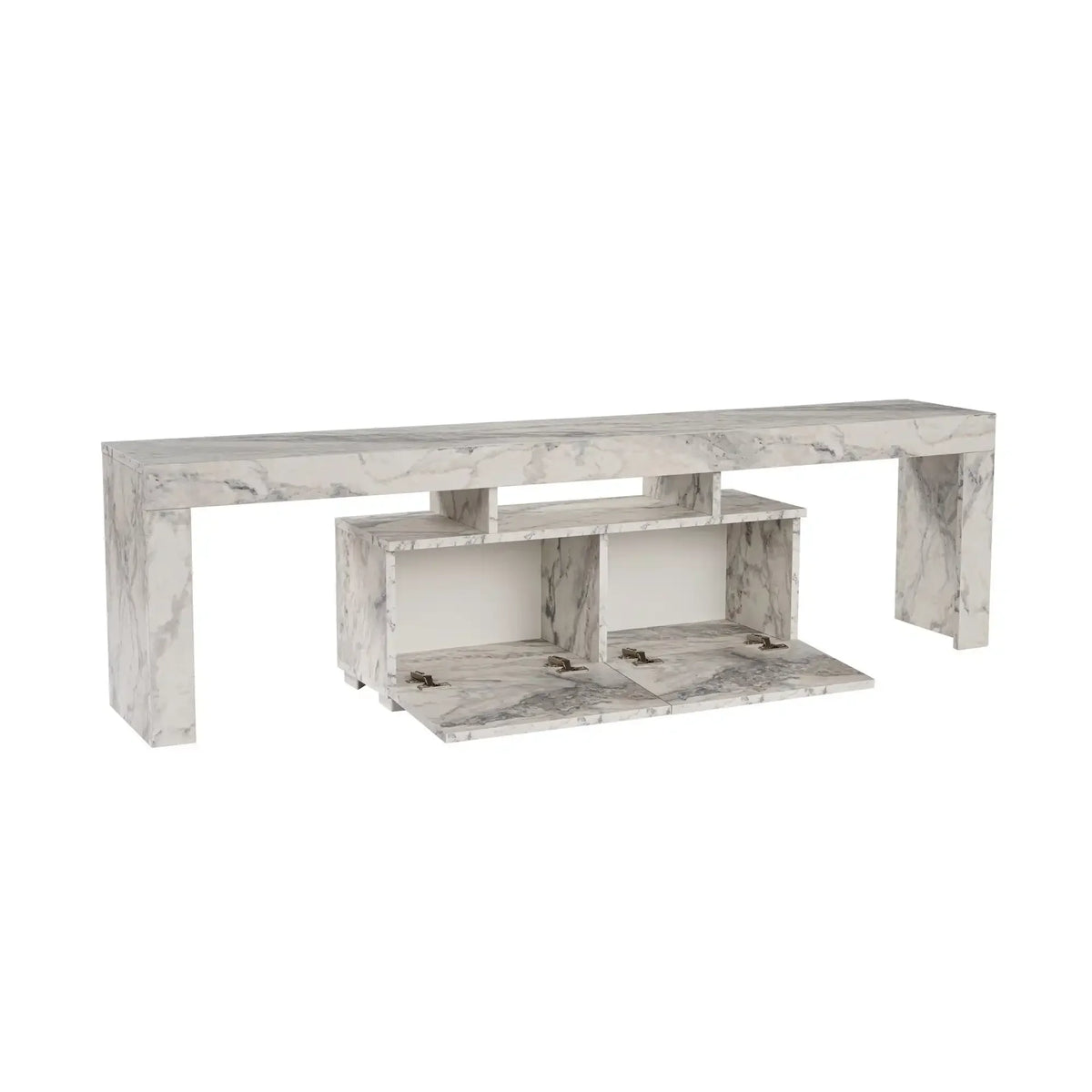 Comoda TV ENCLAVE, alb cu efect de marmura, PAL, 180x32x50 cm