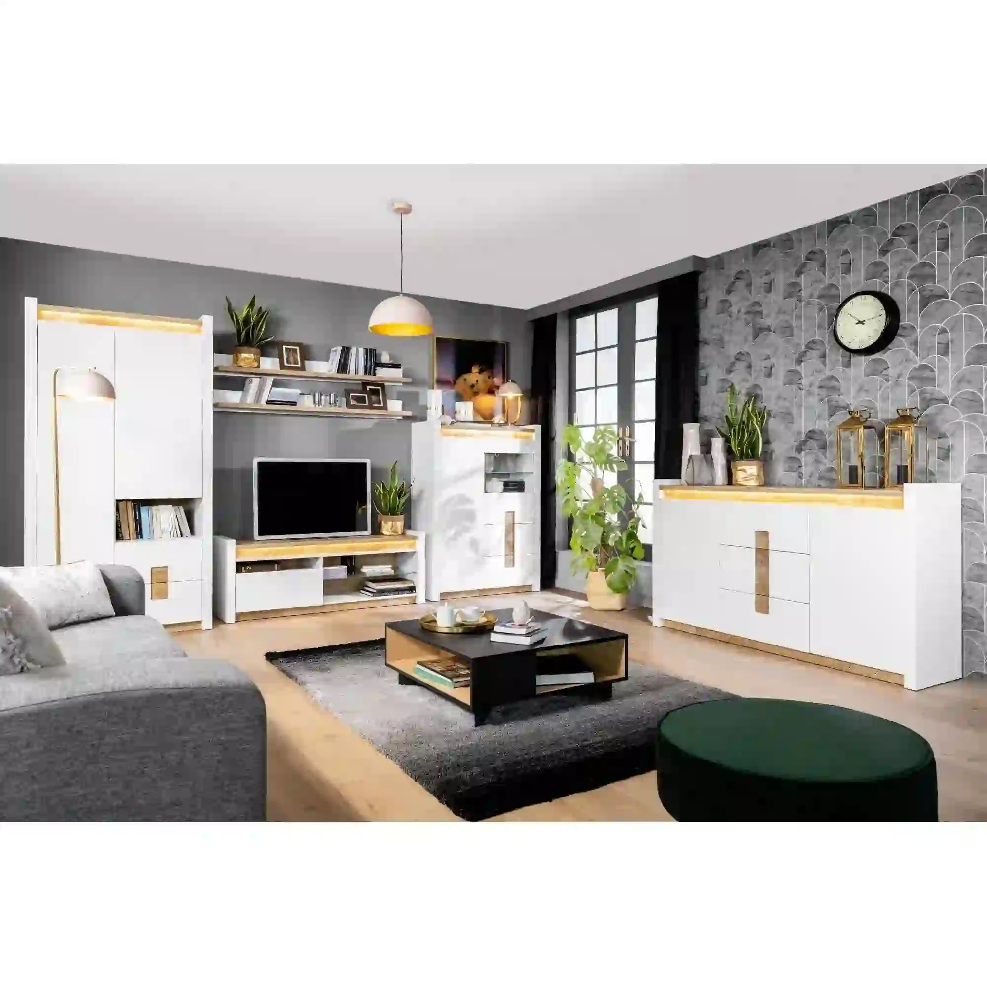 Vitrina ALAMEDA, alb/stejar, PAL/sticla securizata, 102x41x141 cm