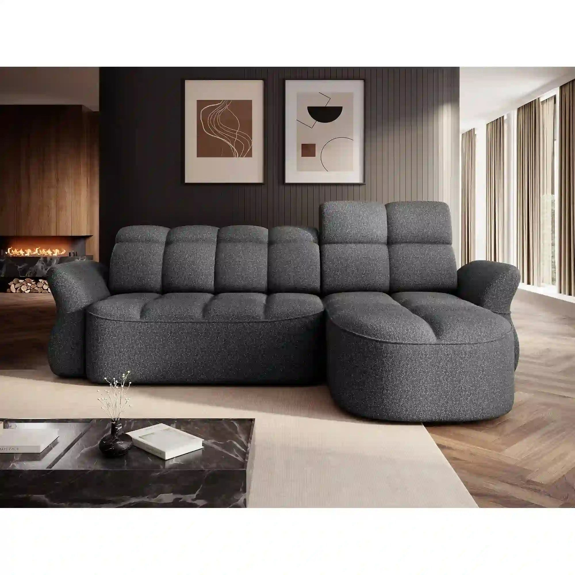 Coltar BENETH, sezlong dreapta, stofa clasica gri - Breona 04, cu reglaj electric, tetiere reglabile si lada depozitare, 301x185x115 cm