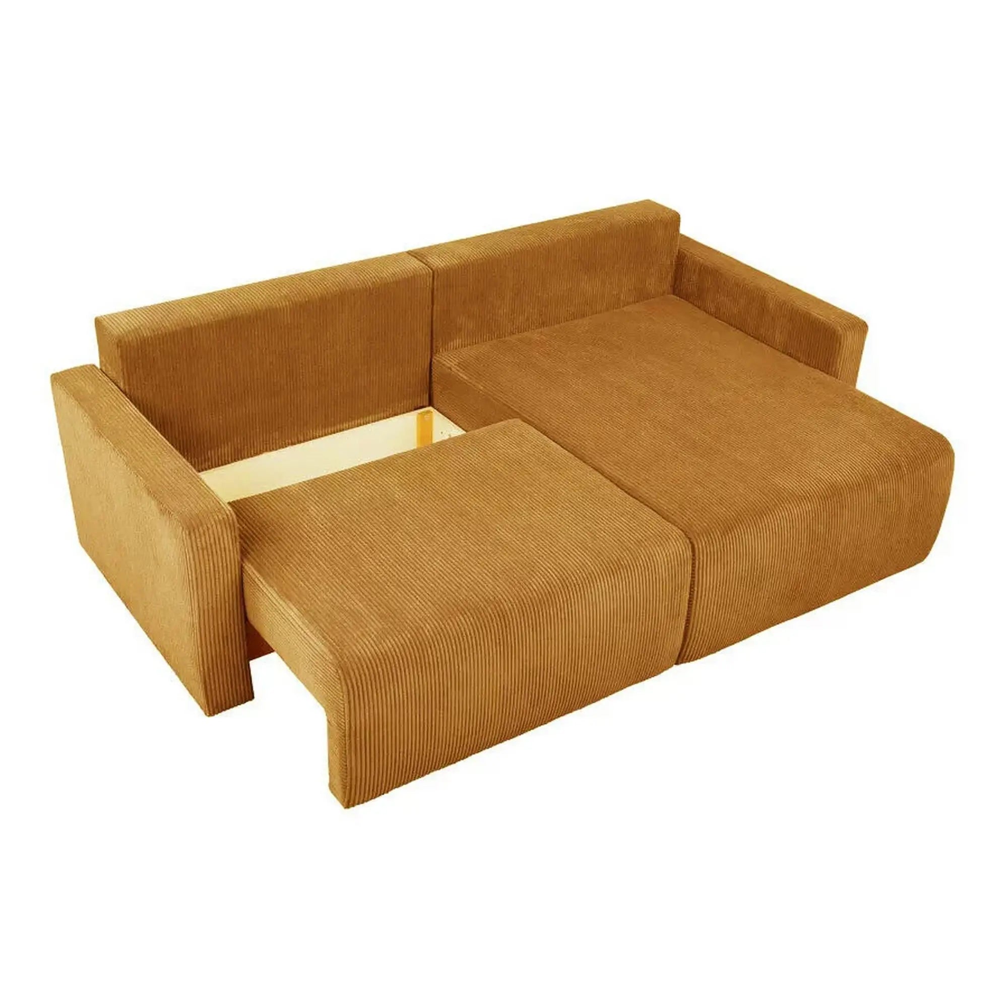 Coltar extensibil RUFIO, universal, stofa catifelata galben - Paso 01, cu lada depozitare, 230x146x91 cm