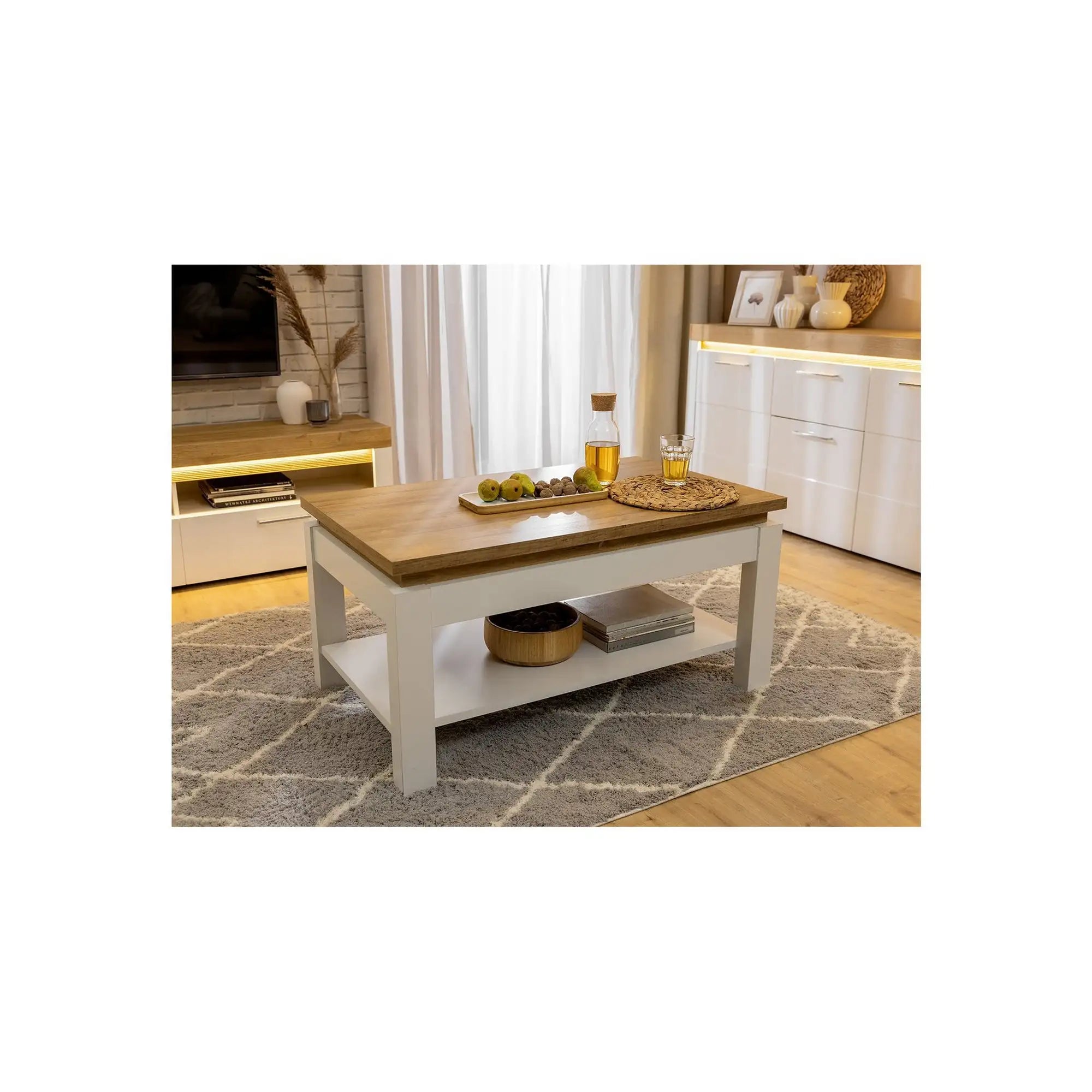 Masuta cafea HORTON, alb/stejar grandson, PAL laminat, 110x65x55 cm