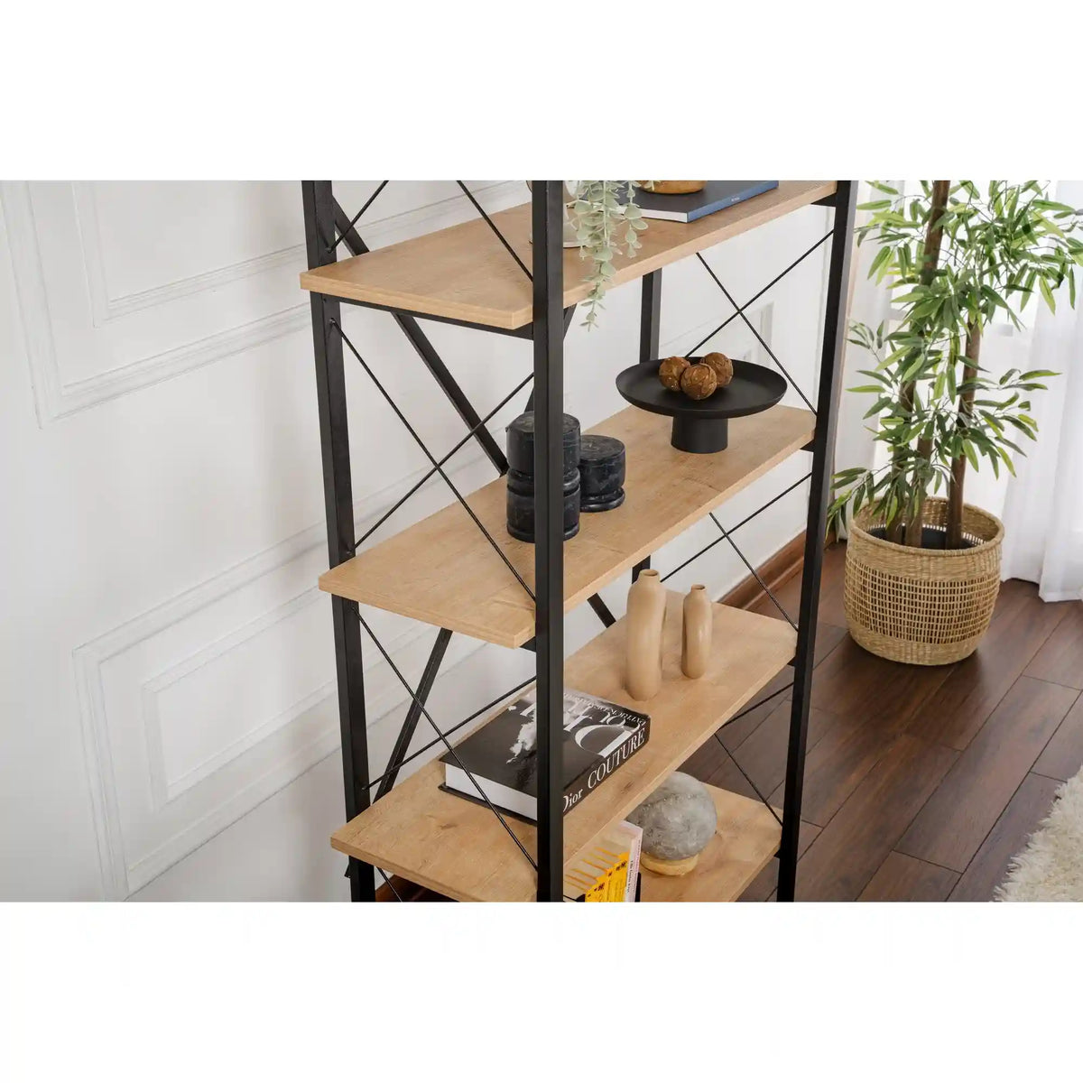 Etajera ELYSIAN, stejar/negru, PAL/metal, 90x34x180 cm