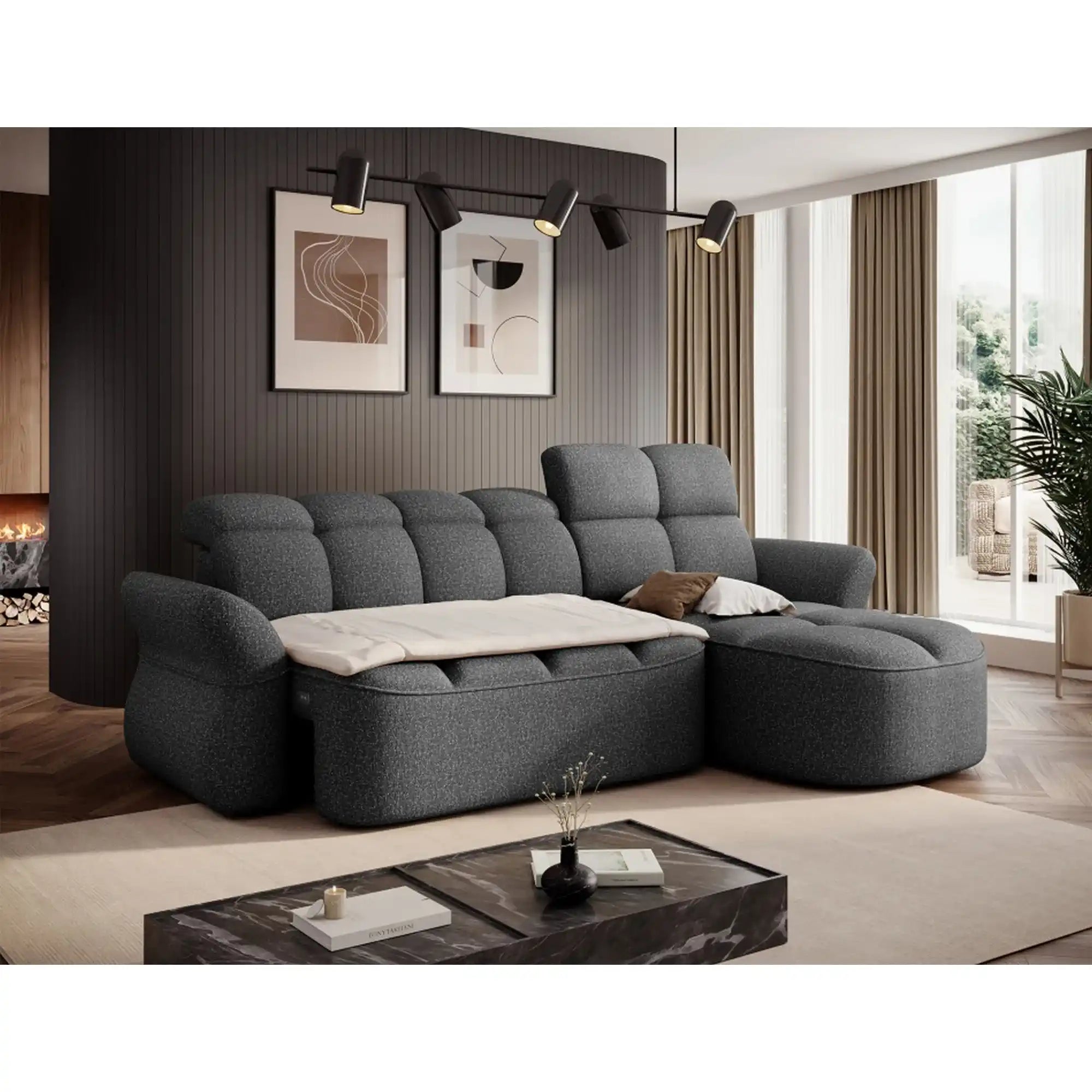 Coltar BENETH, sezlong dreapta, stofa clasica gri - Breona 04, cu reglaj electric, tetiere reglabile si lada depozitare, 301x185x115 cm