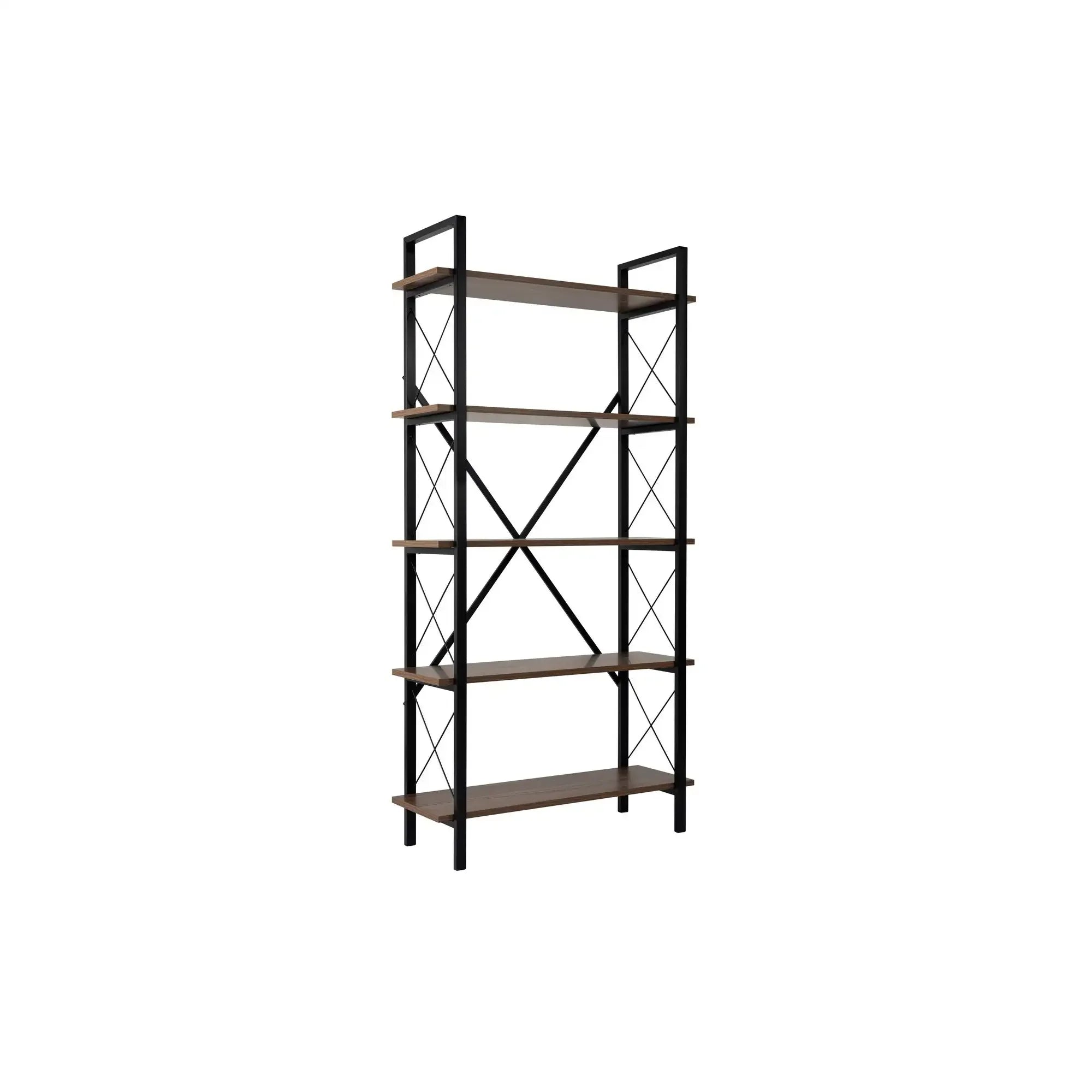 Etajera ELYSIAN, nuc/negru, PAL/metal, 90x34x180 cm