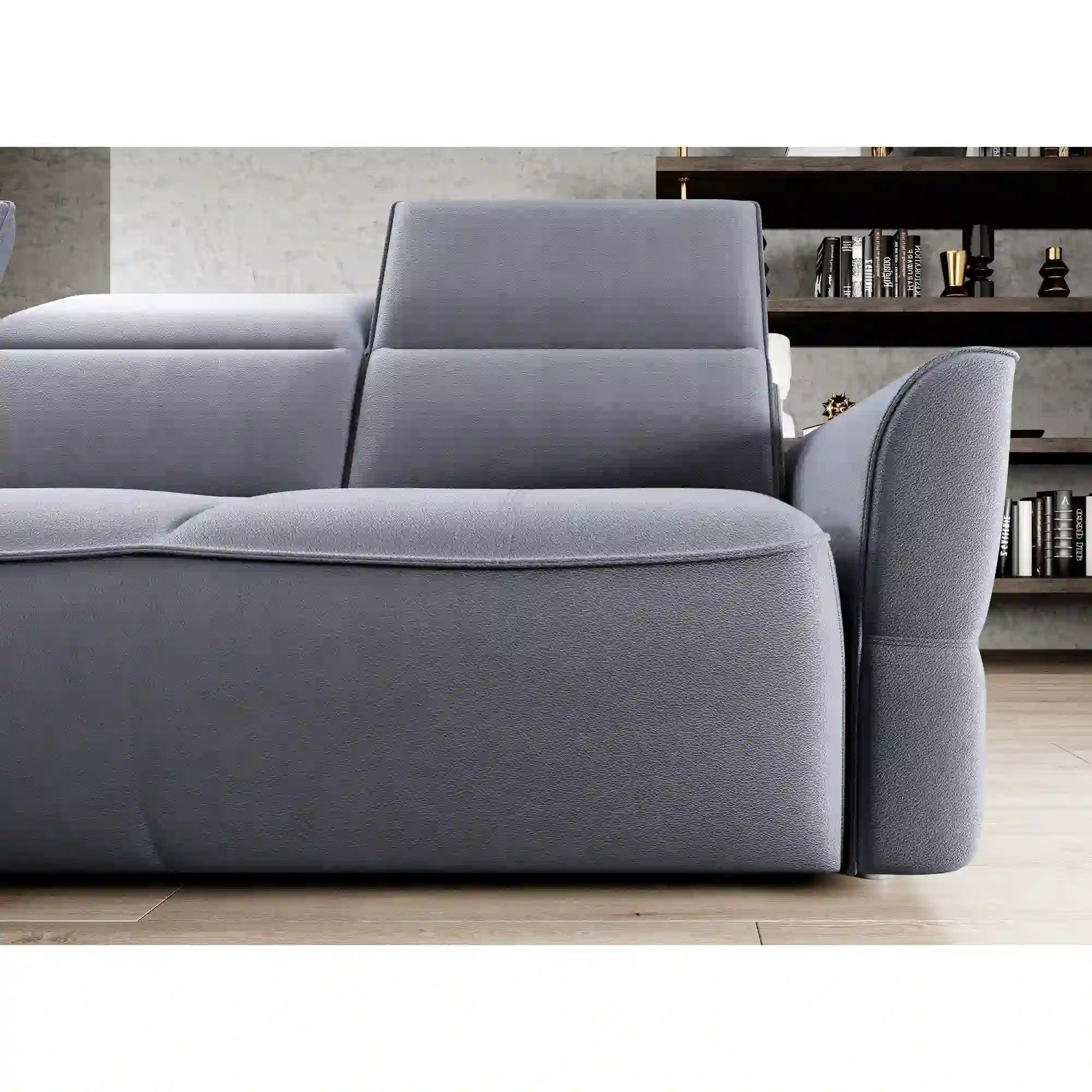 Coltar MURILLO MINI, sezlong stanga, stofa catifelata verde olive - Salvador 10, cu reglaj electric, tetiere reglabile si lada depozitare 260x175x87/100 cm