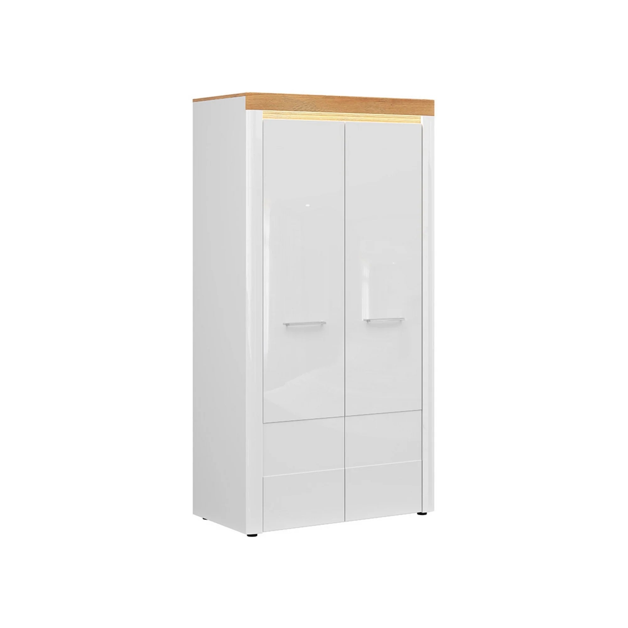 Dulap HORTON, alb lucios/stejar, PAL laminat, cu 2 usi, 107x56x205 cm