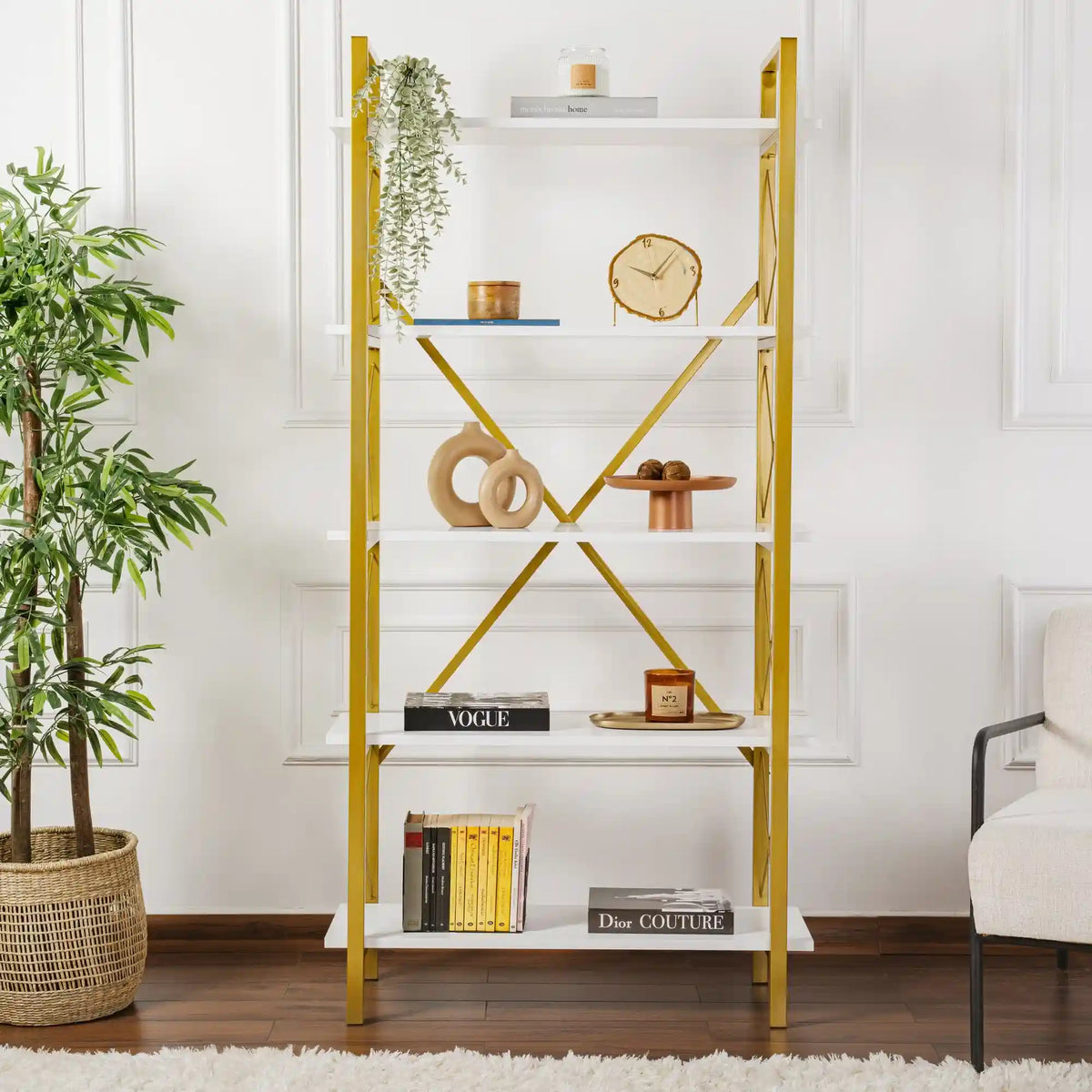 Etajera ELYSIAN, alb/auriu, PAL/metal, 90x34x180 cm