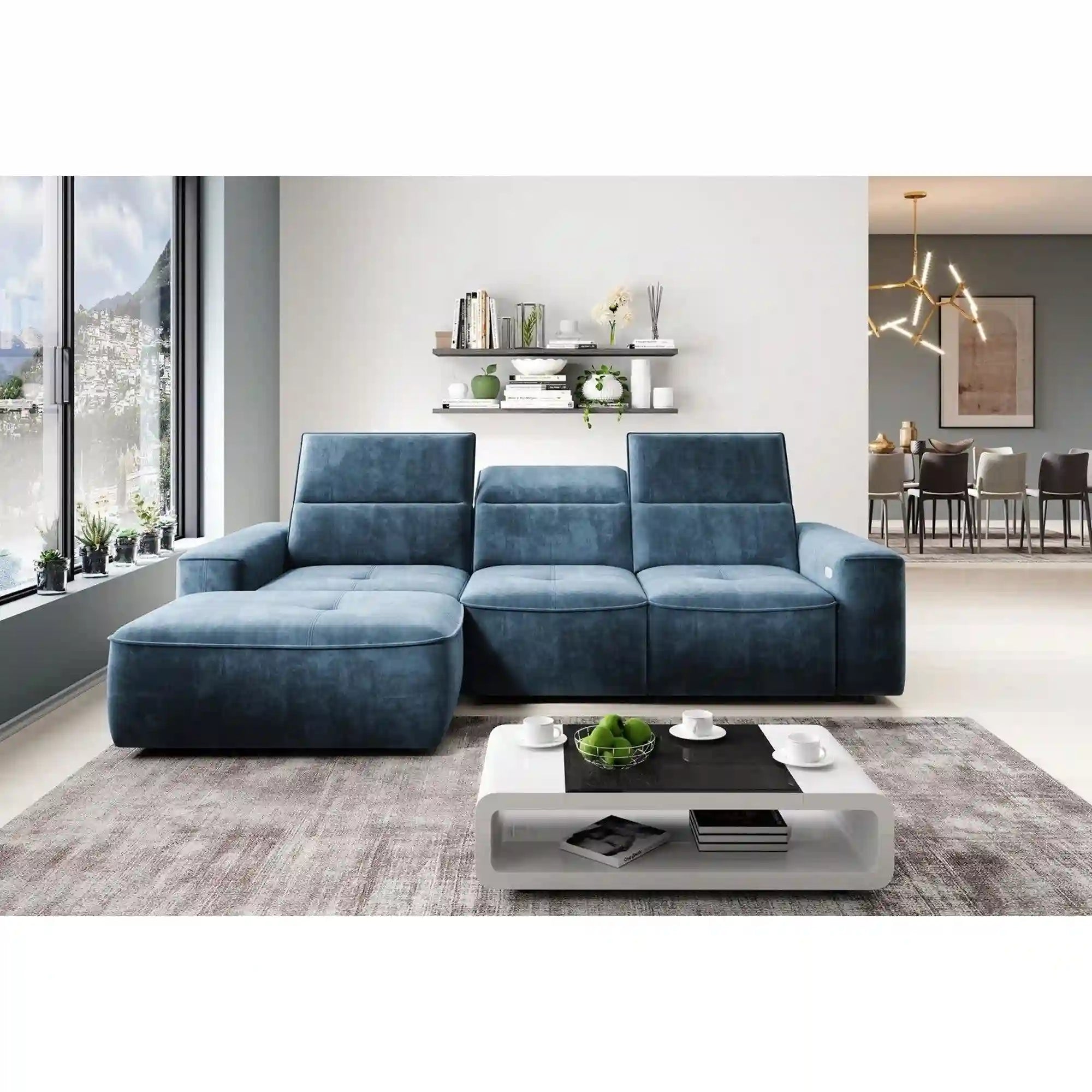 Coltar COLOMBO MINI, personalizabil materiale gama Premium, cu reglaj electric, tetiere reglabile si lada depozitare, 275x182x103 cm