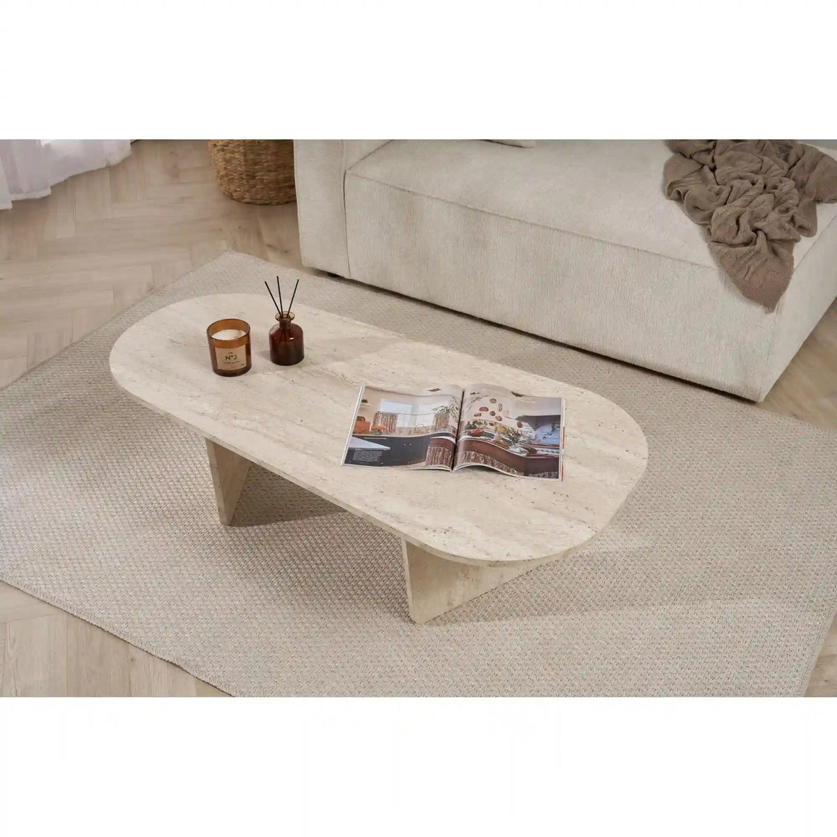 Masuta cafea OVALIS, travertin, PAL, 130x65x40 cm