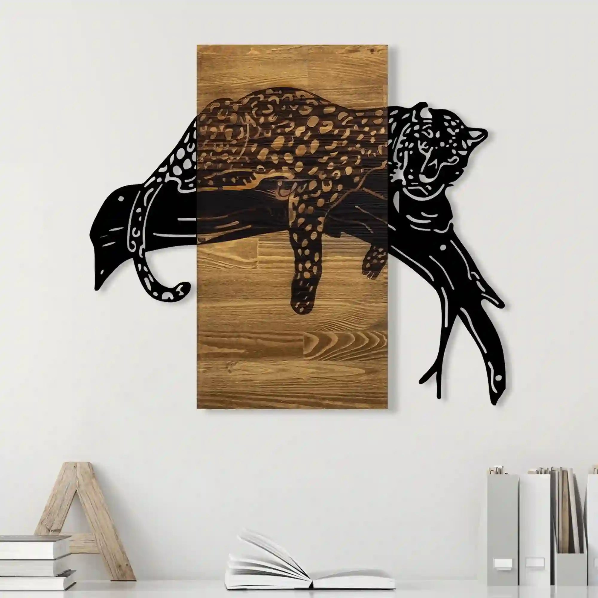 Decoratiune perete LEOPARD, nuc/negru, lemn/metal, 66x3x58 cm