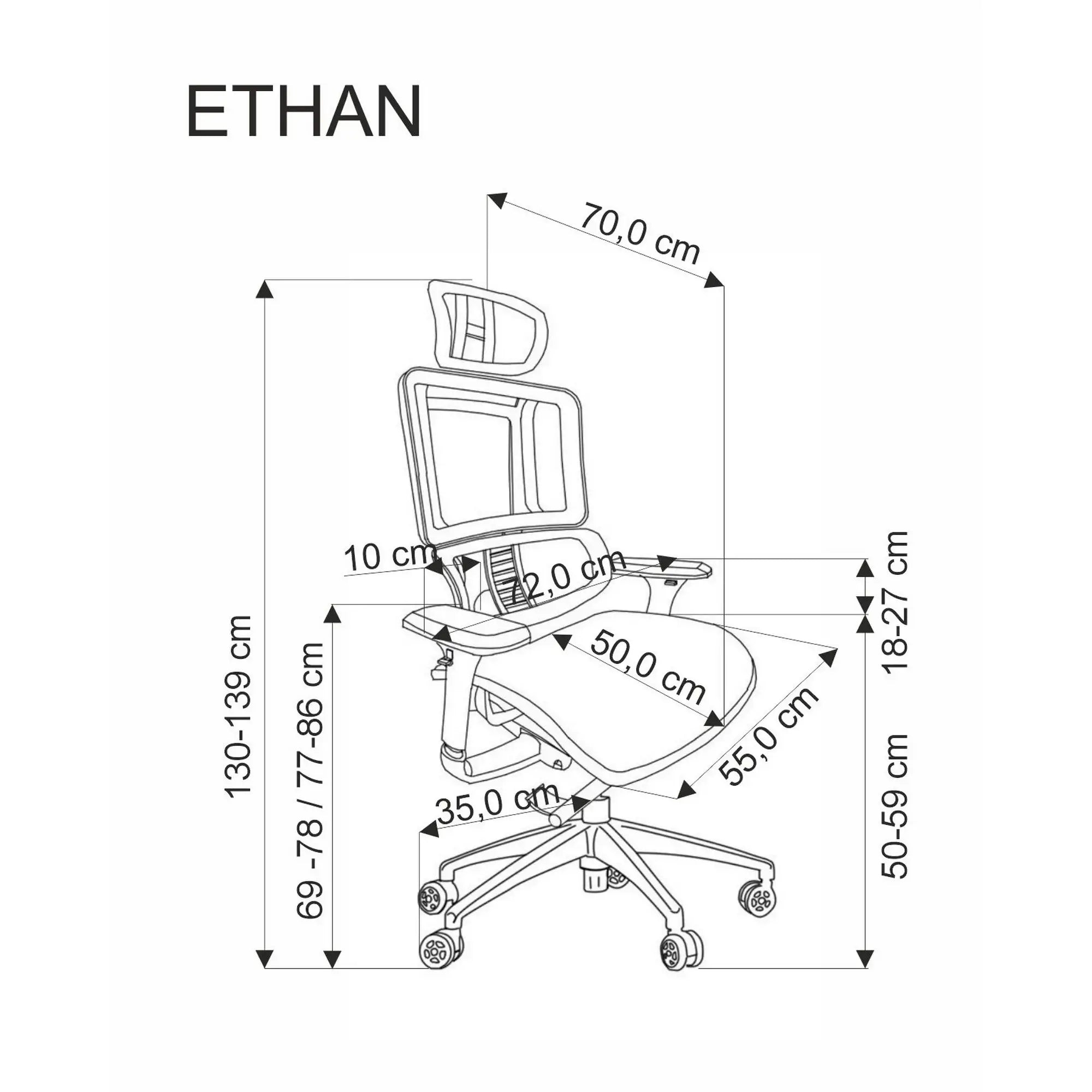 Scaun birou ETHAN, gri, plasa/metal, 72x70x130/139 cm