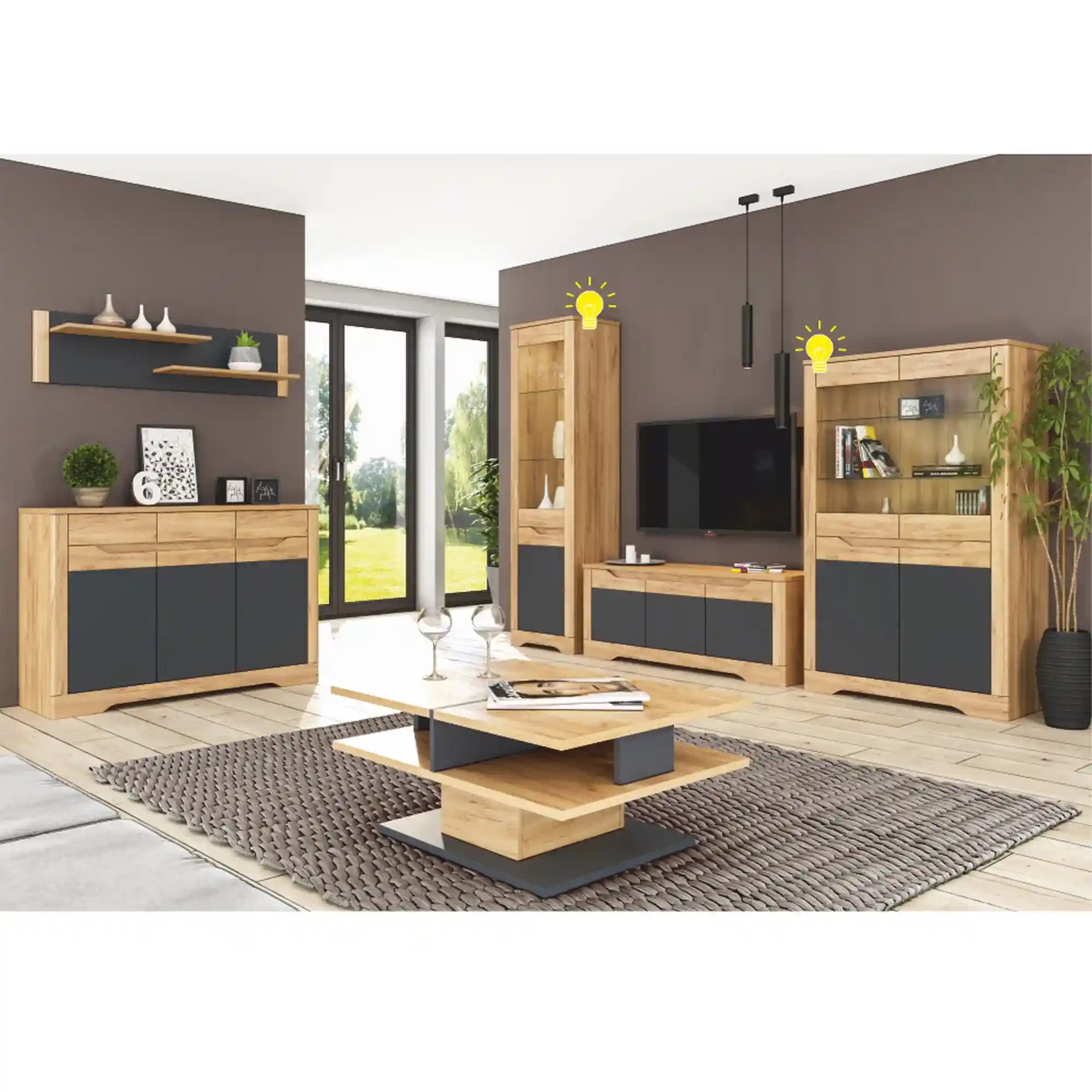 Vitrina FIDEL A1, stejar artisan/gri grafit, PAL laminat/sticla, 55x42x201 cm