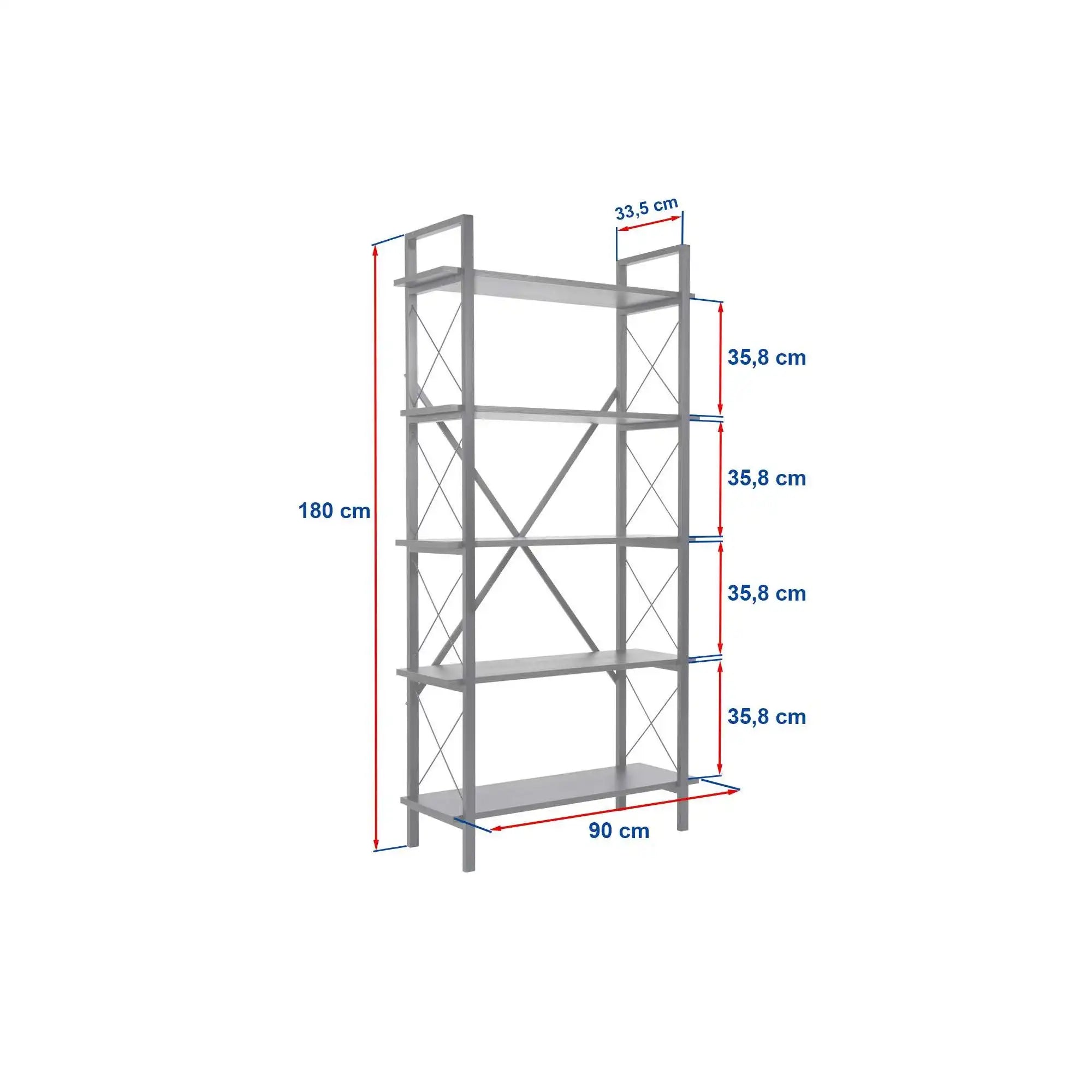 Etajera ELYSIAN, bej cu efect de piatra travertin/negru, PAL/metal, 90x34x180 cm