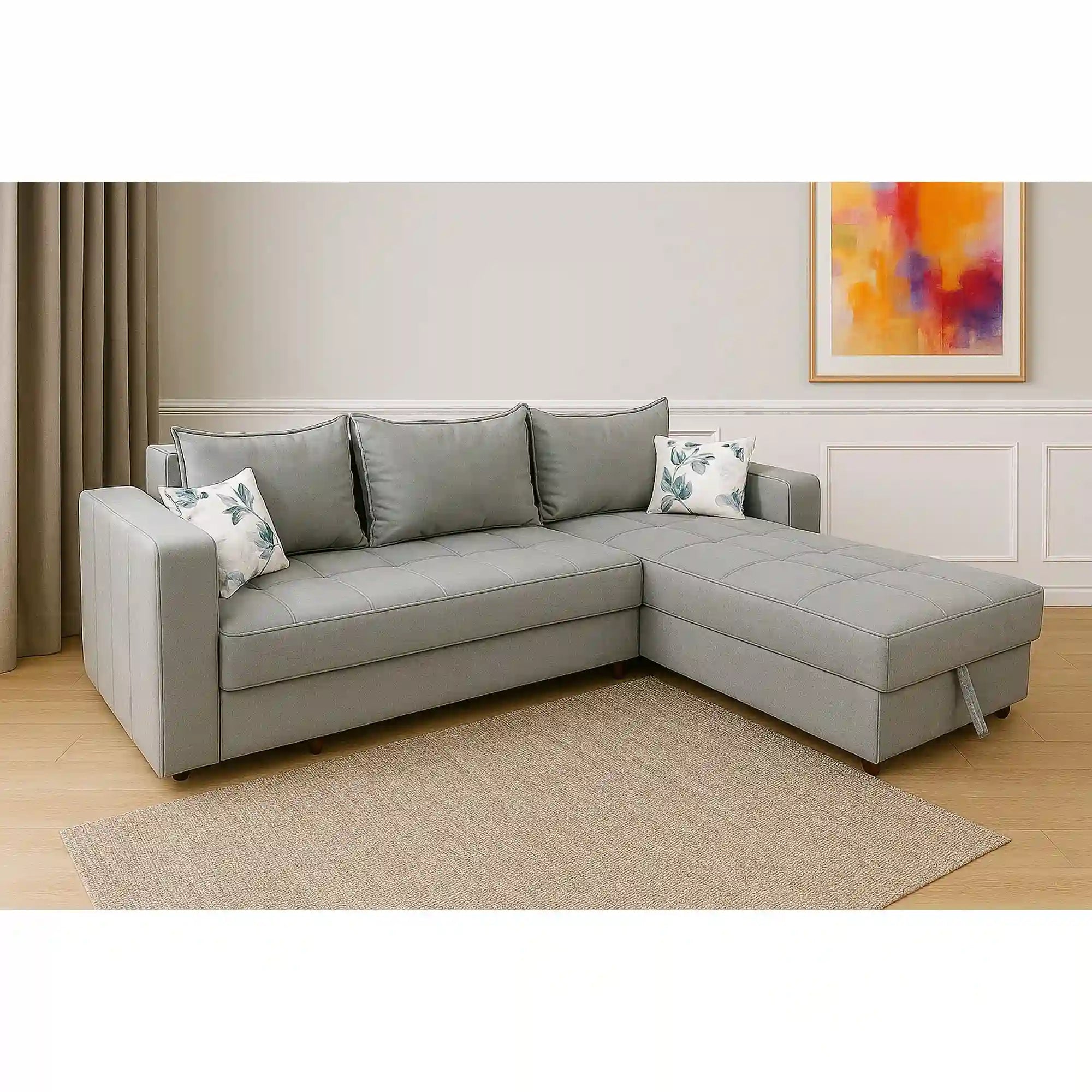Coltar extensibil ROYAL MATLASAT, sezlong dreapta, stofa clasica gri deschis - Soro 90, cu lada depozitare, 300x150x85 cm