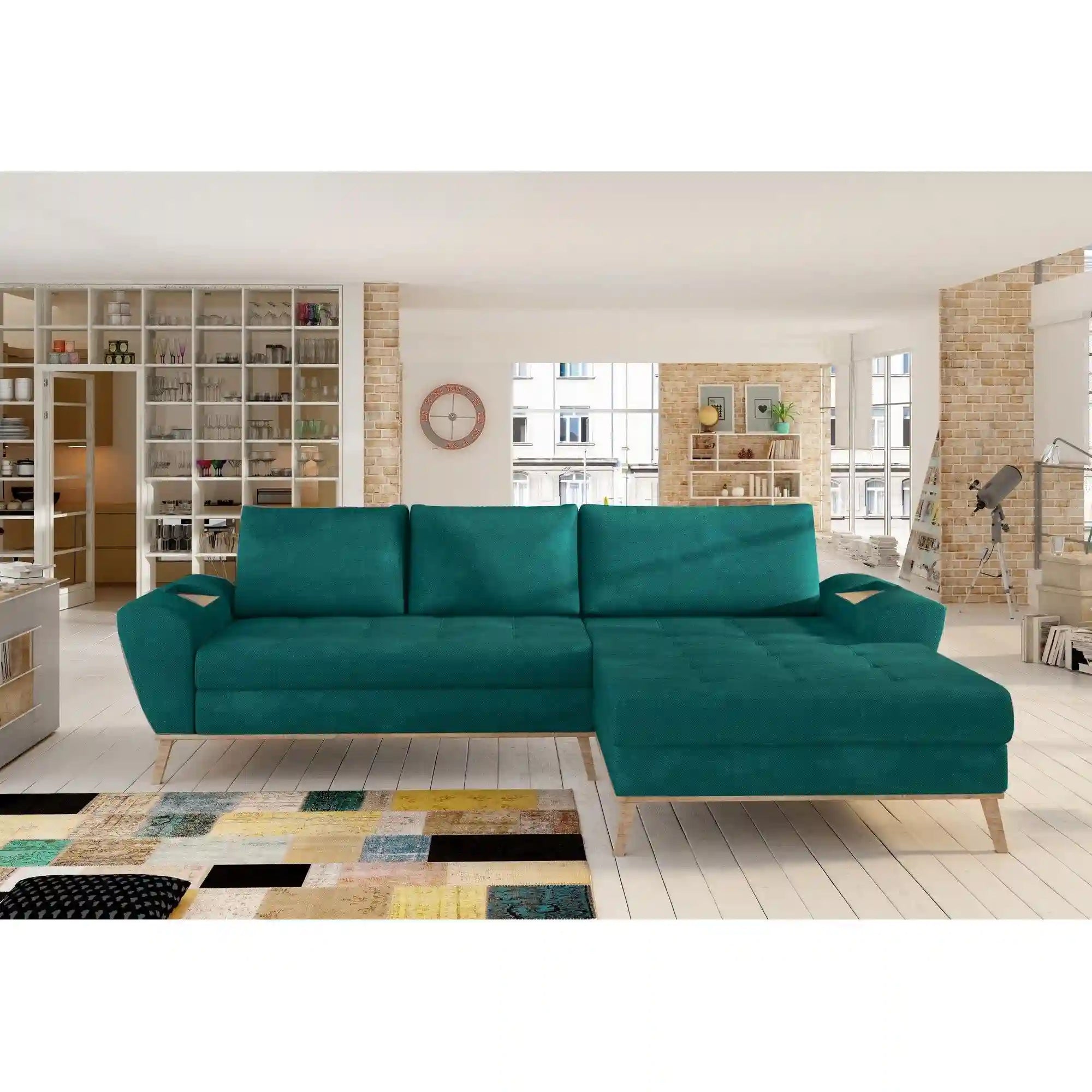 Coltar extensibil NUBO, personalizabil materiale gama Oferta Avantaj, cu lada depozitare, 282x175x86 cm