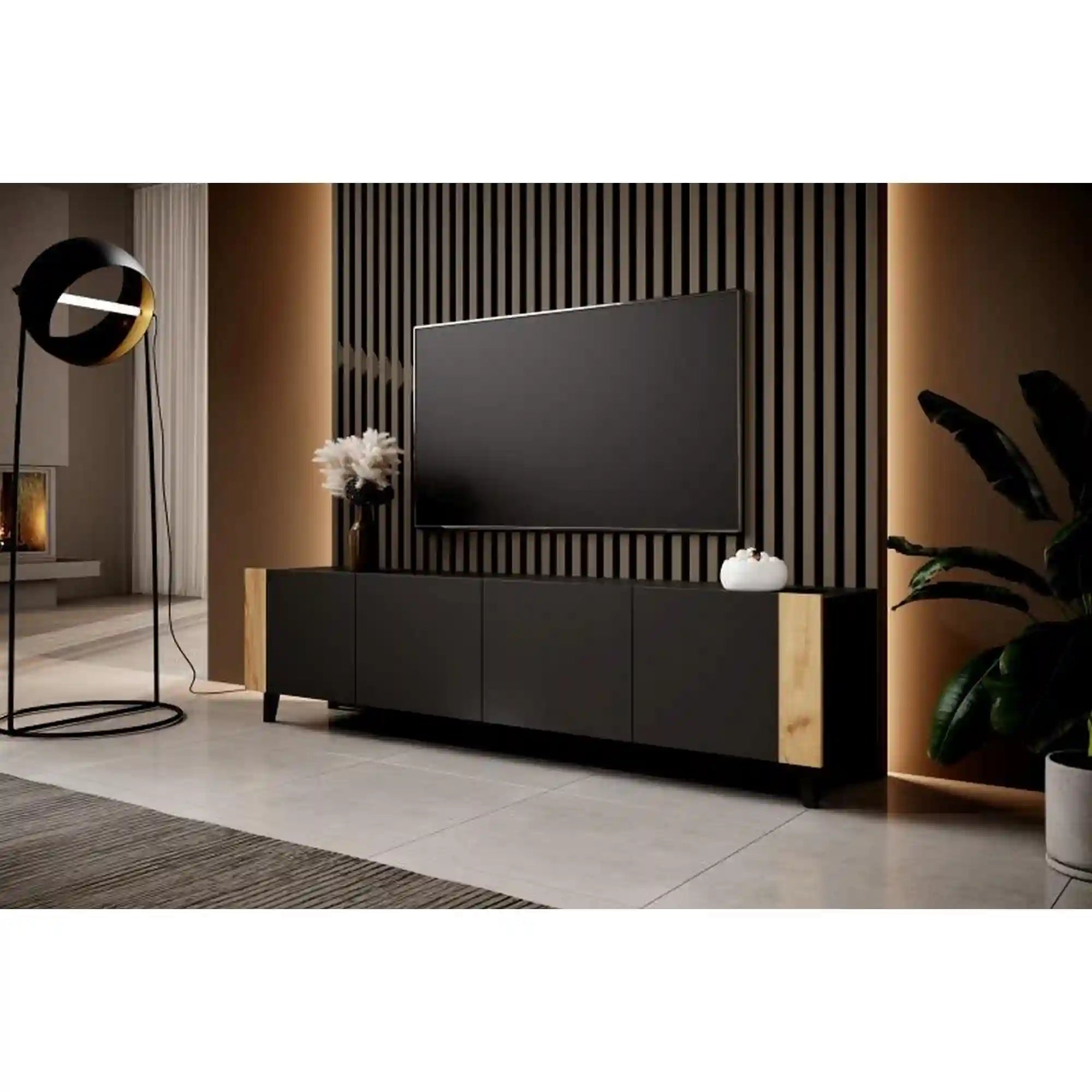 Comoda TV FARO, negru/stejar, PAL laminat, 200x42x52 cm