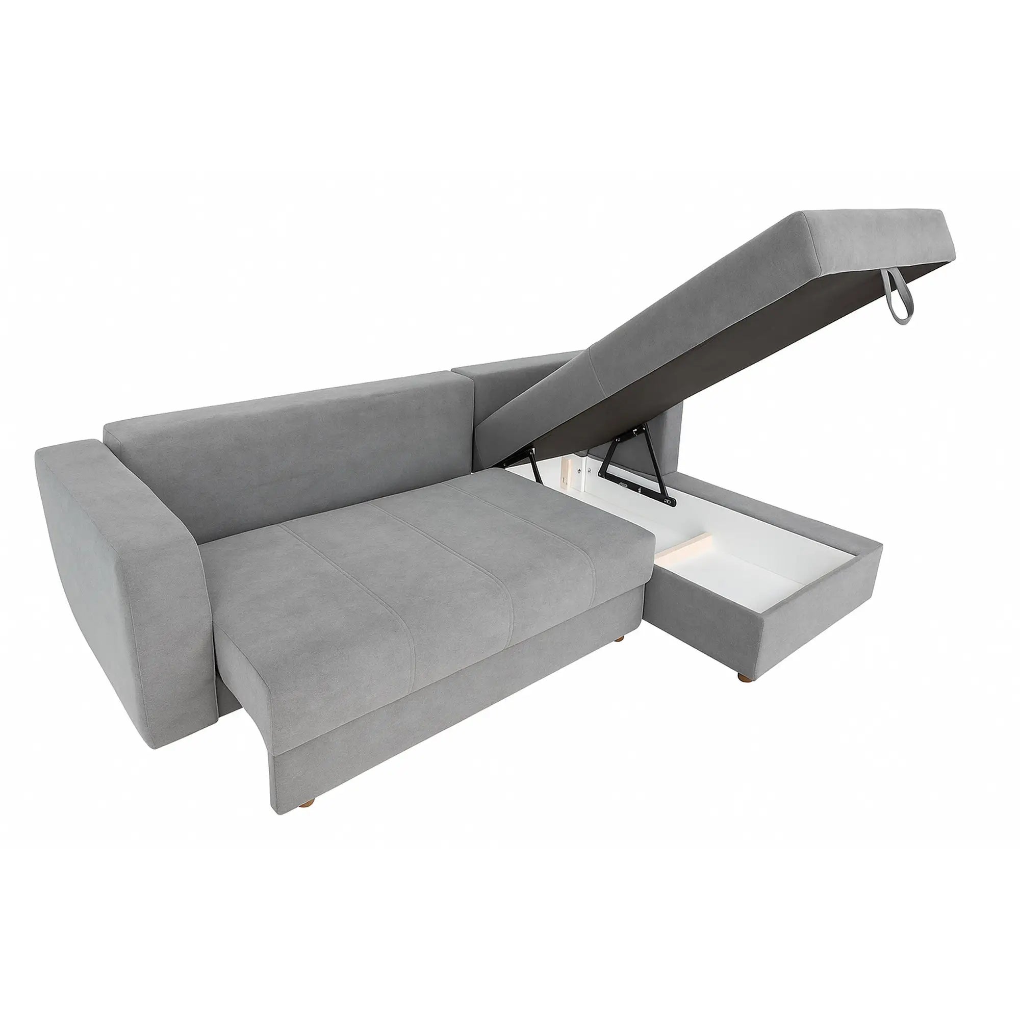 Coltar extensibil ROYAL MATLASAT, sezlong dreapta, stofa clasica gri deschis - Soro 90, cu lada depozitare, 300x150x85 cm