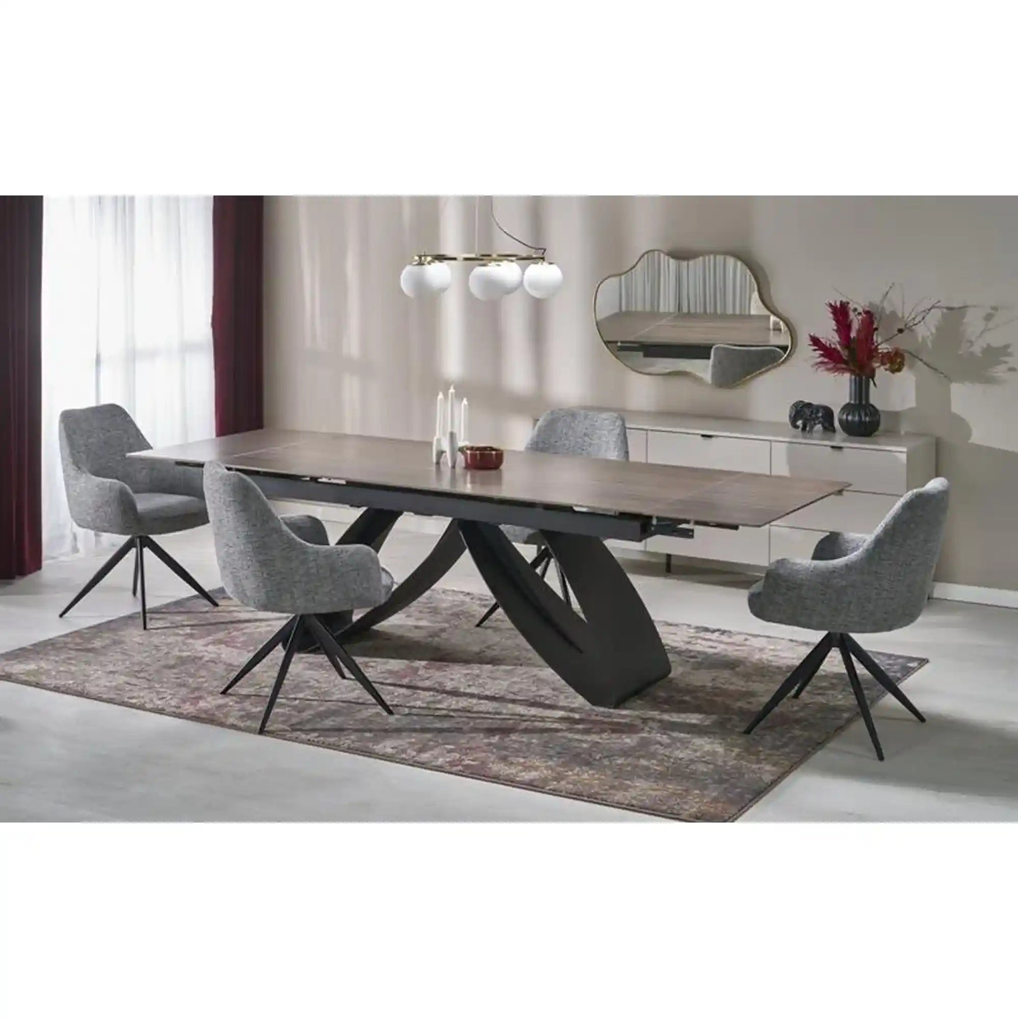 Masa extensibila HILARIO, nuc/negru, piatra sinterizata/otel, 180/260x90x75 cm