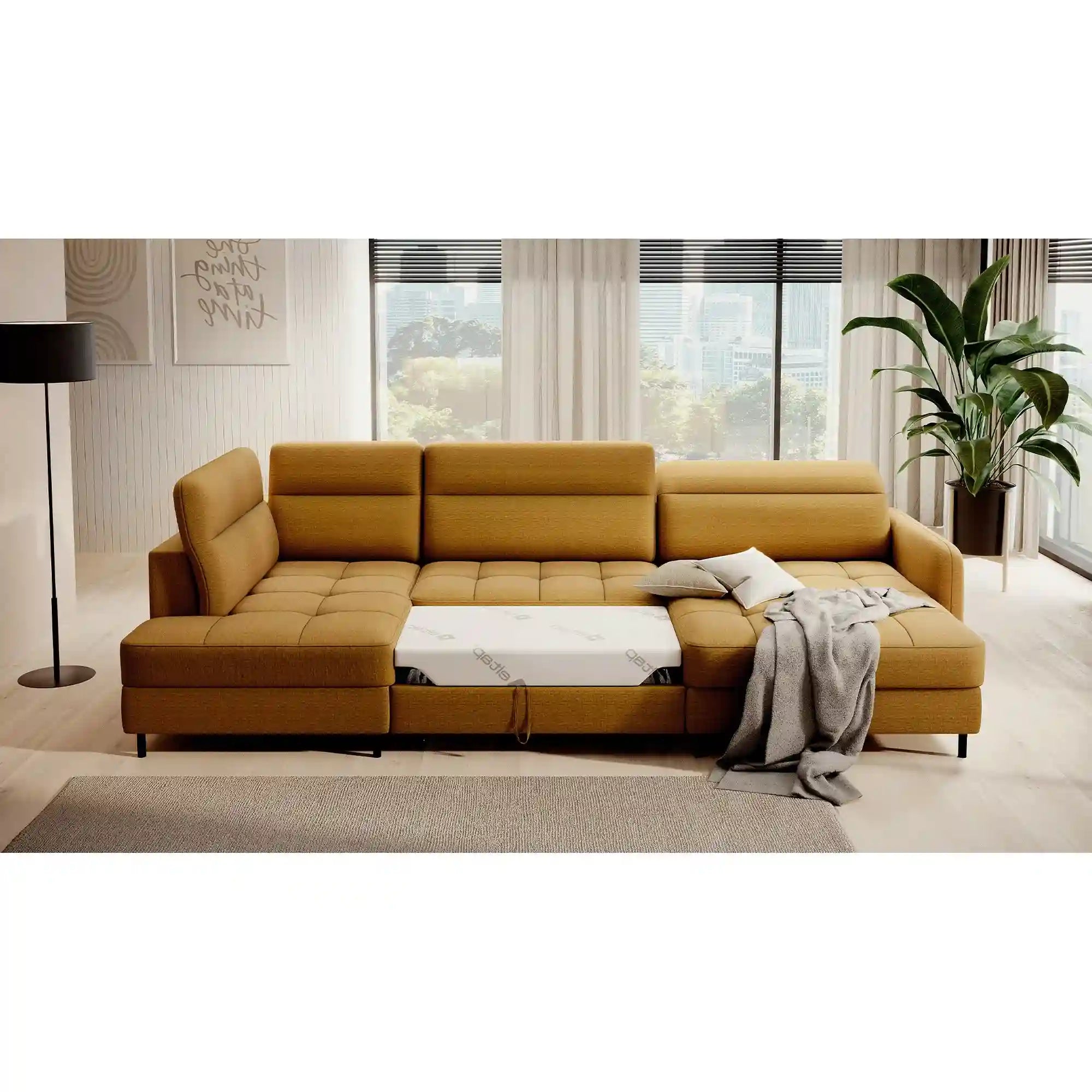 Coltar extensibil BERRTO, sezlong dreapta, stofa catifelata galben - Manhattan 45, cu tetiere reglabile si lada depozitare, 306x165x100 cm