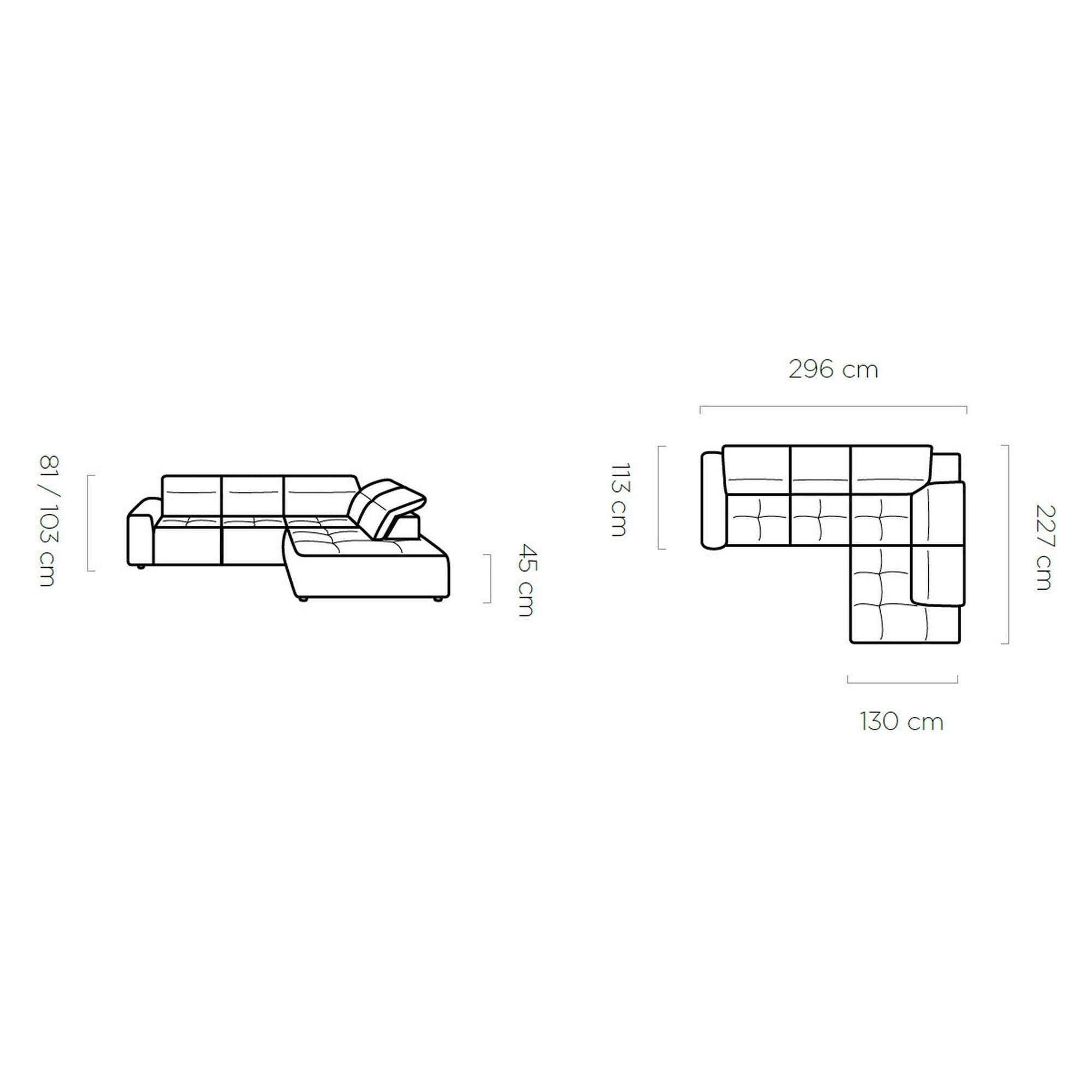 Coltar COLOMBO L, sezlong dreapta, stofa catifelata rosu bordo - Crown 06, Gama Premium, cu reglaj electric, tetiere reglabile si lada depozitare, 296x227x103 cm